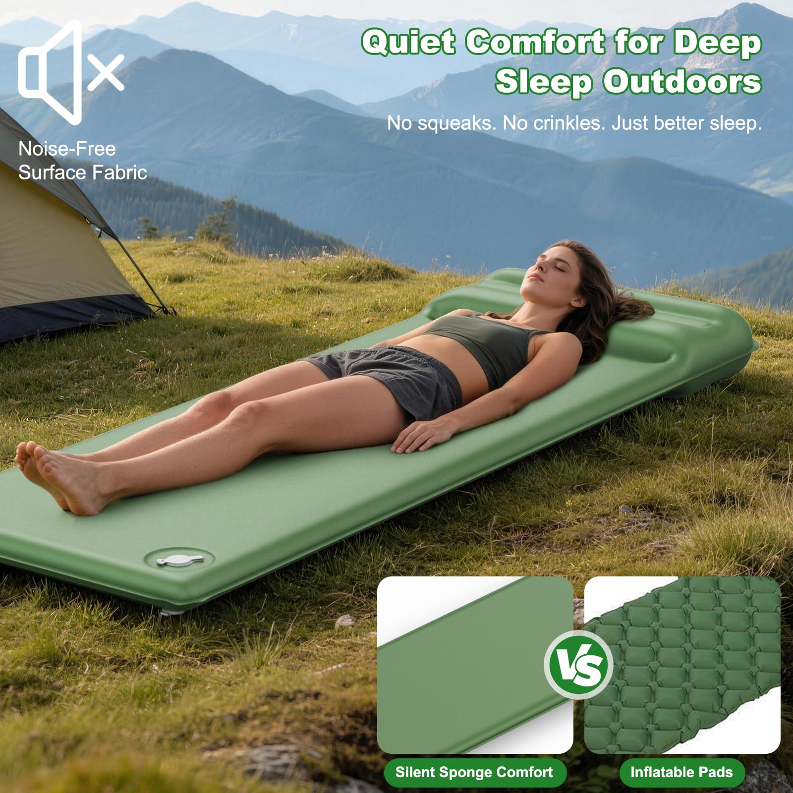 WARMTUYO Matelas isolant de camping, 6 cm, éponge élastique en mousse, valeur R 8,5, avec coussin, matelas gonflable d'extérieur compact et confortable pour la randonnée, l'extérieur, la tente, la