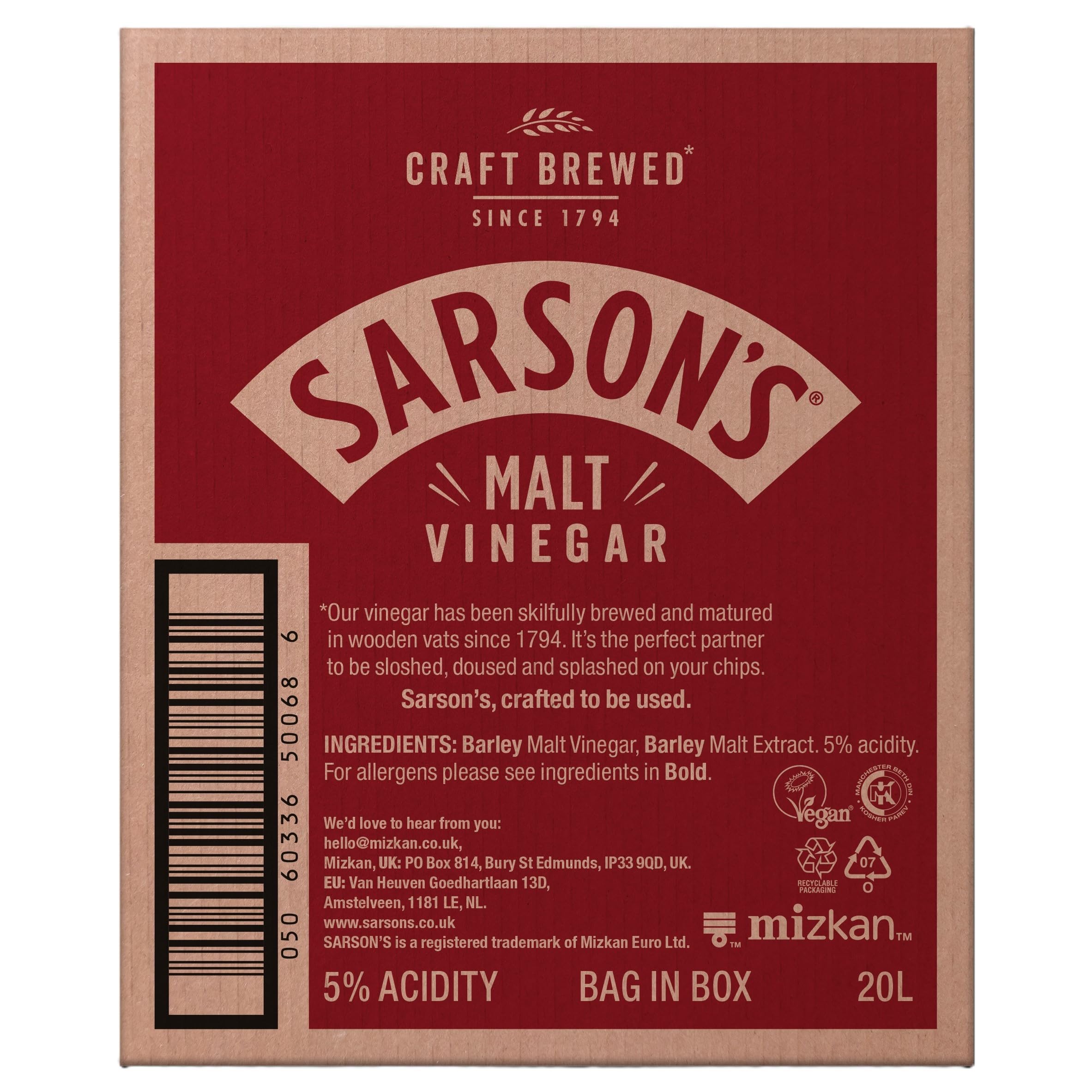Sarson's - Malt Vinegar, 20L CUPAC - British Vinegar - Classic Taste for Chips, Marinades, Condiments - Traditional UK Recipe, Gluten-Free