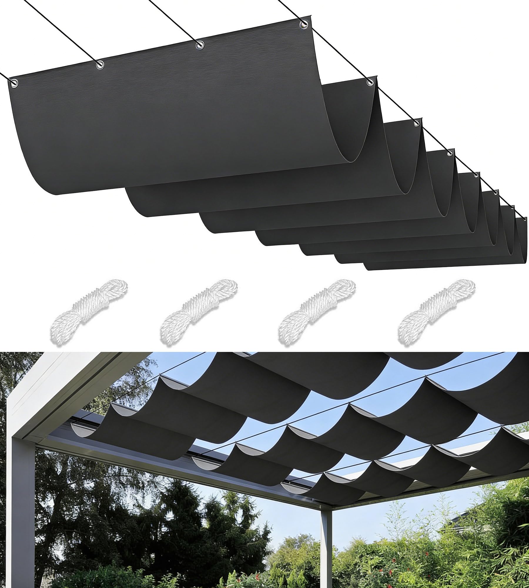 Retractable Wave Sun Shade Sail 2.2x2.5M Waterproof Rectangle Shade Cloth PES Awning Canopy 95% UV Block With Rope Outdoor Patio Party Awning Cloth Durable Garden Shade Sail Dark Gray