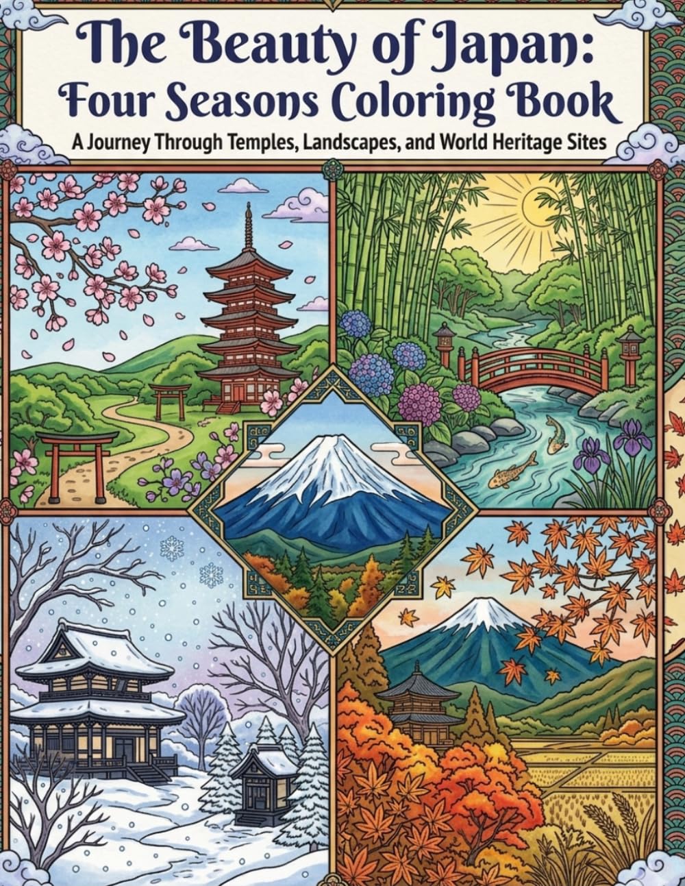 The Beauty of Japan: Four Seasons Coloring Book: A Journey Through Temples, Landscapes, and World Heritage Sites