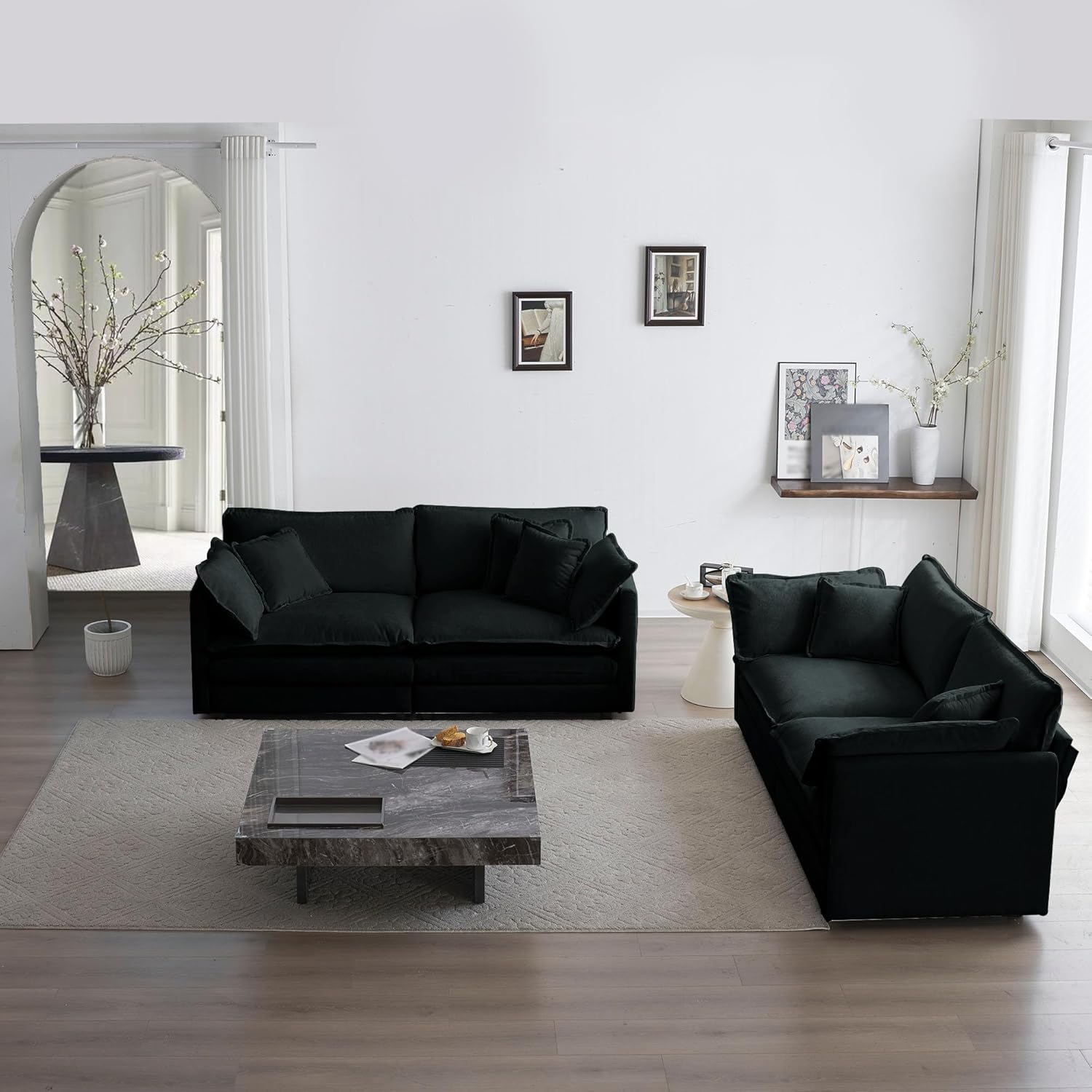 Modular Sectional Loveseat Set, Stylish Upholstered Cloud Sofa Set with Pillows and Thick Cushions, Modern Comfy Chenille Lounge Deep Seat Couch Set for Living Room, Apartment, Office, Black