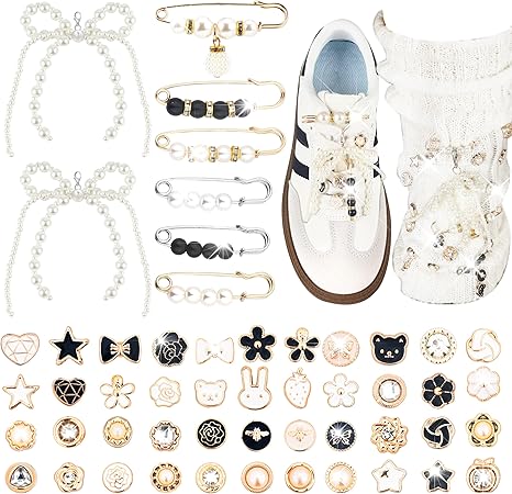 48Pcs Shoe Charms for Sneakers Bow Shoe Lace Charms Junk Sock Jewelry Kit for Women DIY Accessories Rhinestone Brooch Buttons Pearl Flower Clips Safety Pin Gold for Sneaker Hat Clothes Decoration