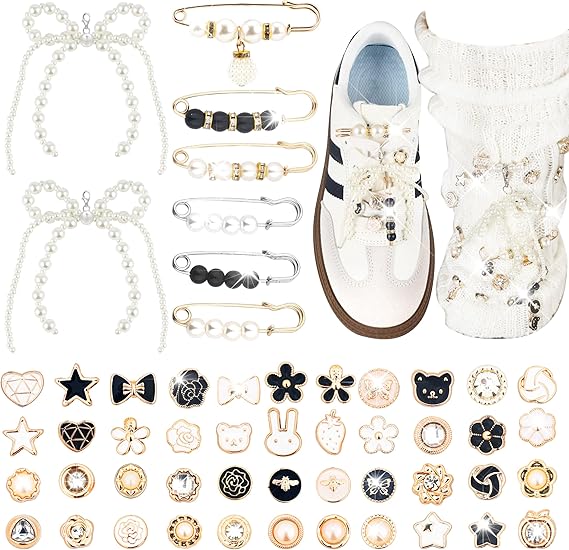 48Pcs Shoe Charms for Sneakers Bow Shoe Lace Charms Junk Sock Jewelry Kit for Women DIY Accessories Rhinestone Brooch Buttons Pearl Flower Clips Safety Pin Gold for Sneaker Hat Clothes Decoration