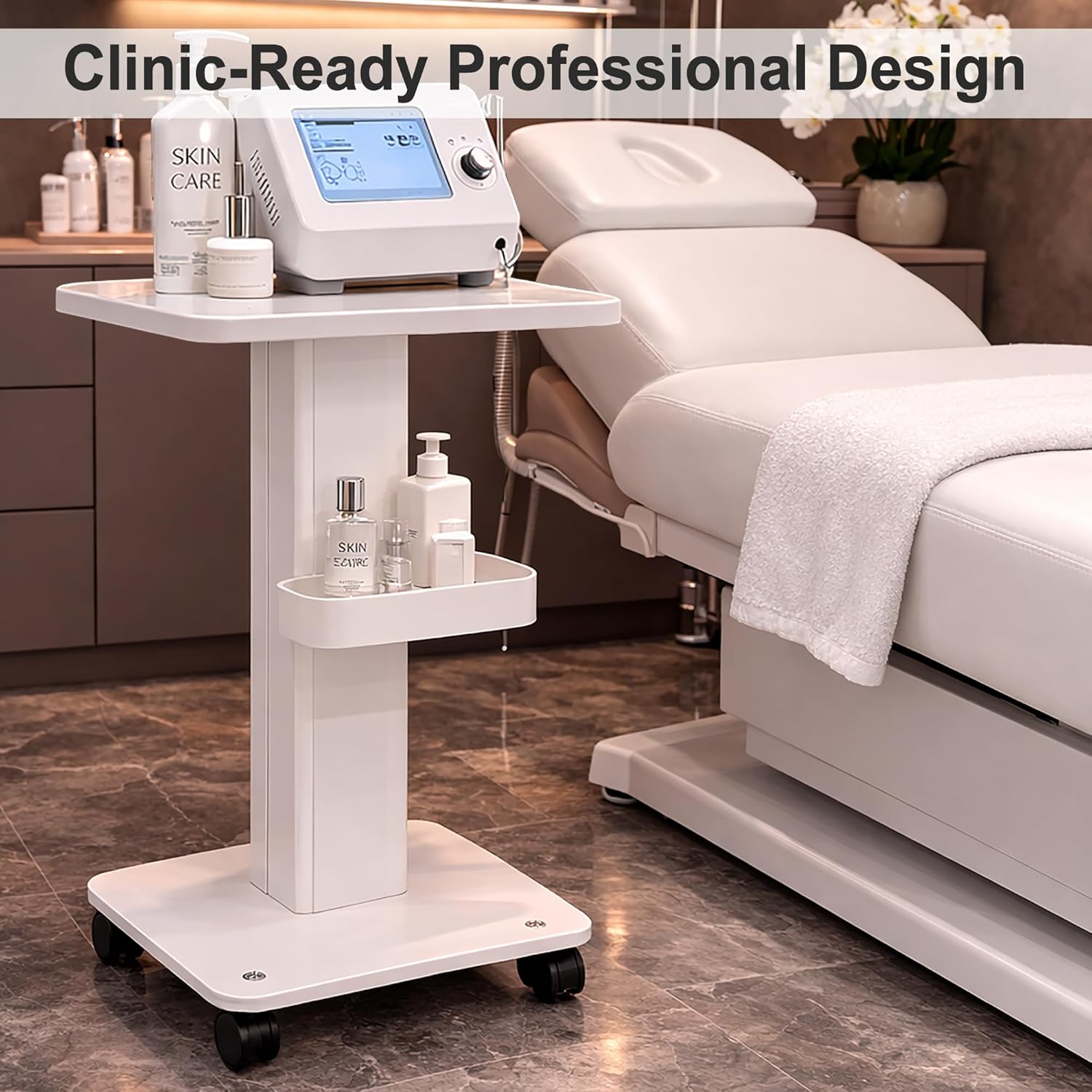 Esthetician Machine Stand with Wheels, 220 lbs Capacity Beauty Salon Rolling Trolley Cart with 2 Locking Casters, Iron Spa Equipment Cart for Facial & RF Devices, White