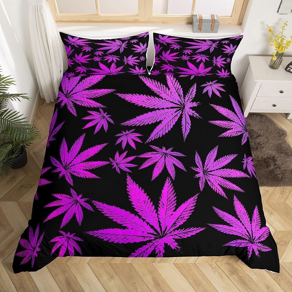 richhome Missing Black Purple Cannabis Leaves Bedding Set King Size Weeds Leaves Plants Duvet Cover Set Children Women Adult Cannabis Comforter Cover