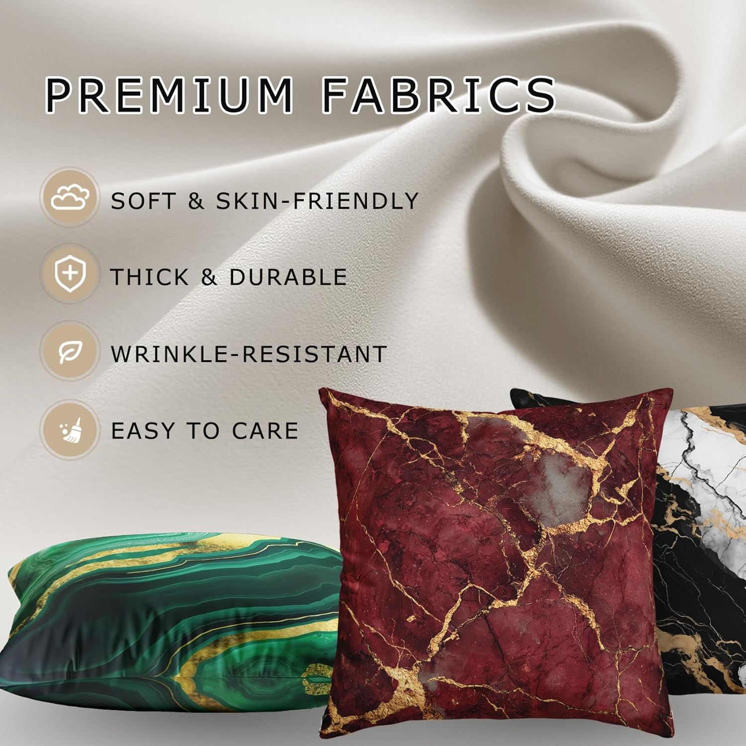 Marble Throw Pillow Covers 18x18 - Burgundy Gold Red Abstract Modern Pillow Cases Set of 2 Double Sided Print, Soft Sofa Pillowcases for Living Room Decor #M074