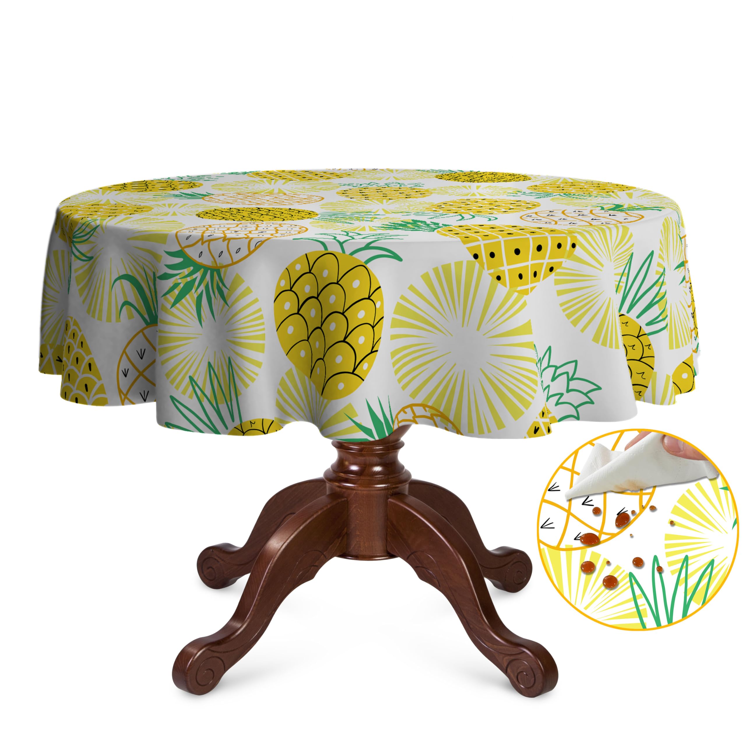 OliveSleep Round Tablecloth 152cm Wrinkle Free Washable Polyester Table Cloth for Circular Table, Home Dining Party Use,Pineapple Round Wipe Clean Tablecloth 60 Inches (Multicolor 19)