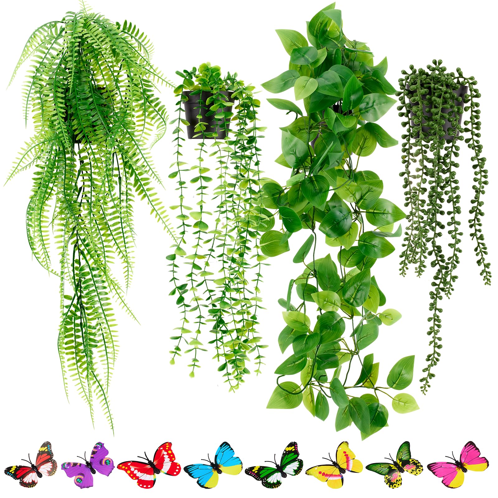 Osrioal 4 Park Fake Plants, Artificial Hanging Plants with Pots, Hanging Plant Artificial Indoor/Outdoor Room Decor, Wall Shelf, Patio Garden