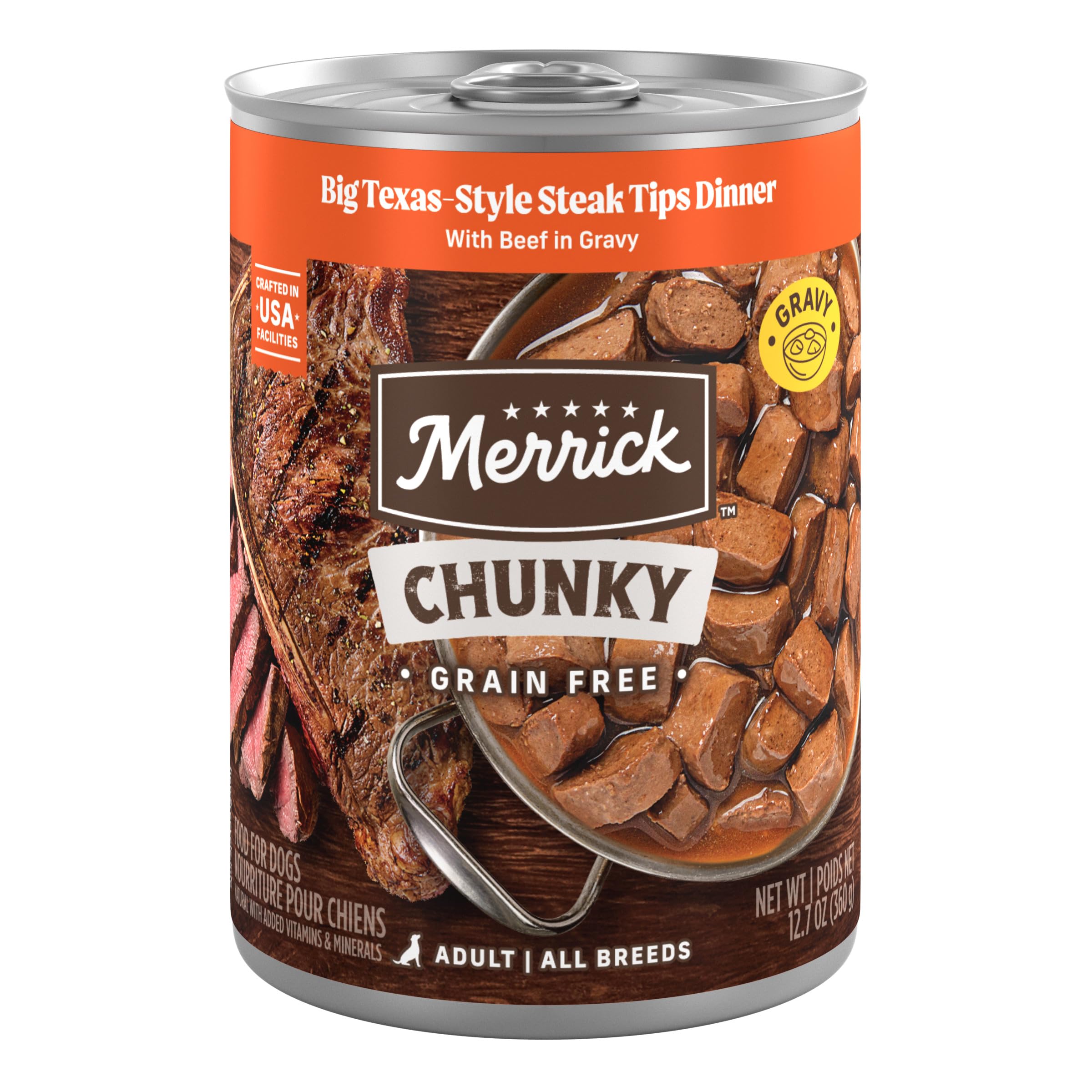 Merrick Chunky Grain Free Premium And Wholesome Canned Dog Food, Real Meat Big Texas Steak Tips Dinner - (Pack of 12) 12 ct. Cans