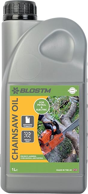 BLOSTM Chainsaw Oil 1L - Biodegradable Chain Saw Oil for Petrol & Electric Chainsaws, Pole Saws & Hedge Trimmers - Premium Grade, Non-Toxic Chain Oil with Universal Anti-Fling Formula (1 Litre Bottle)