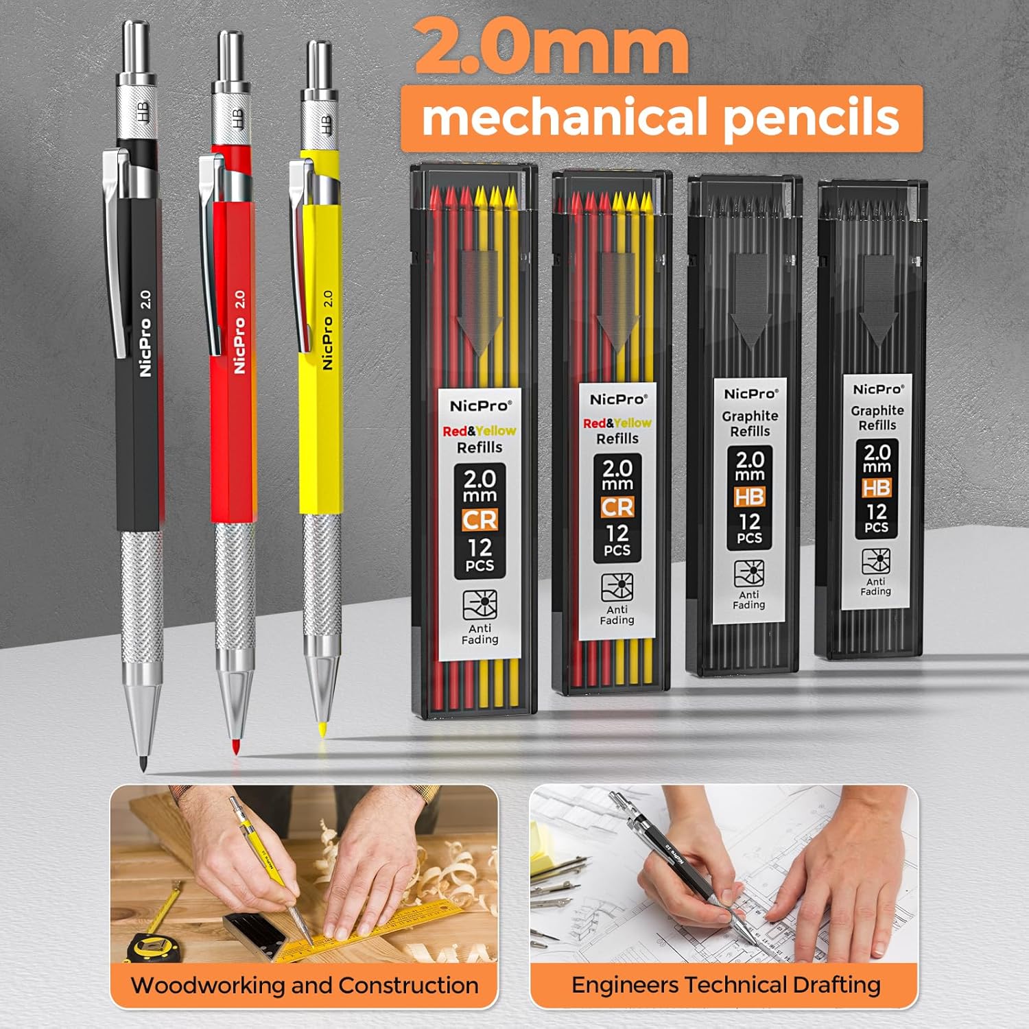 Nicpro 38 Pack Carpenter Pencil with Sharpener, Mechanical Carpenter Pencils Set with Long Nib Marker Pens, Carbide Scribe Tool & Construction Pencil for Architect Woodworking-With Canvas Case