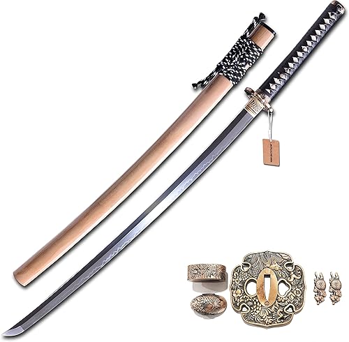 Vista 51 de MURASAME Katana Sword T10 - Maquinilla de afeitar de acero templado de 41 pulgadas, hoja afilada, espiga completa hecha a mano Tema Dragón Gris