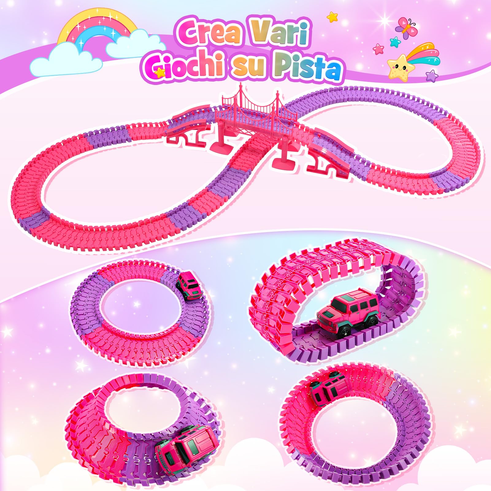 iKidiki Regalo Bambina 3 4 5 6 7 8 Anni, Pista Macchinine 3-8 Anni Giochi Bambina 3-8 Anni Femmina Piste Macchinine per Bambini Giocattoli Bambina Gioco Bimba Unicorno Bambina Regalo