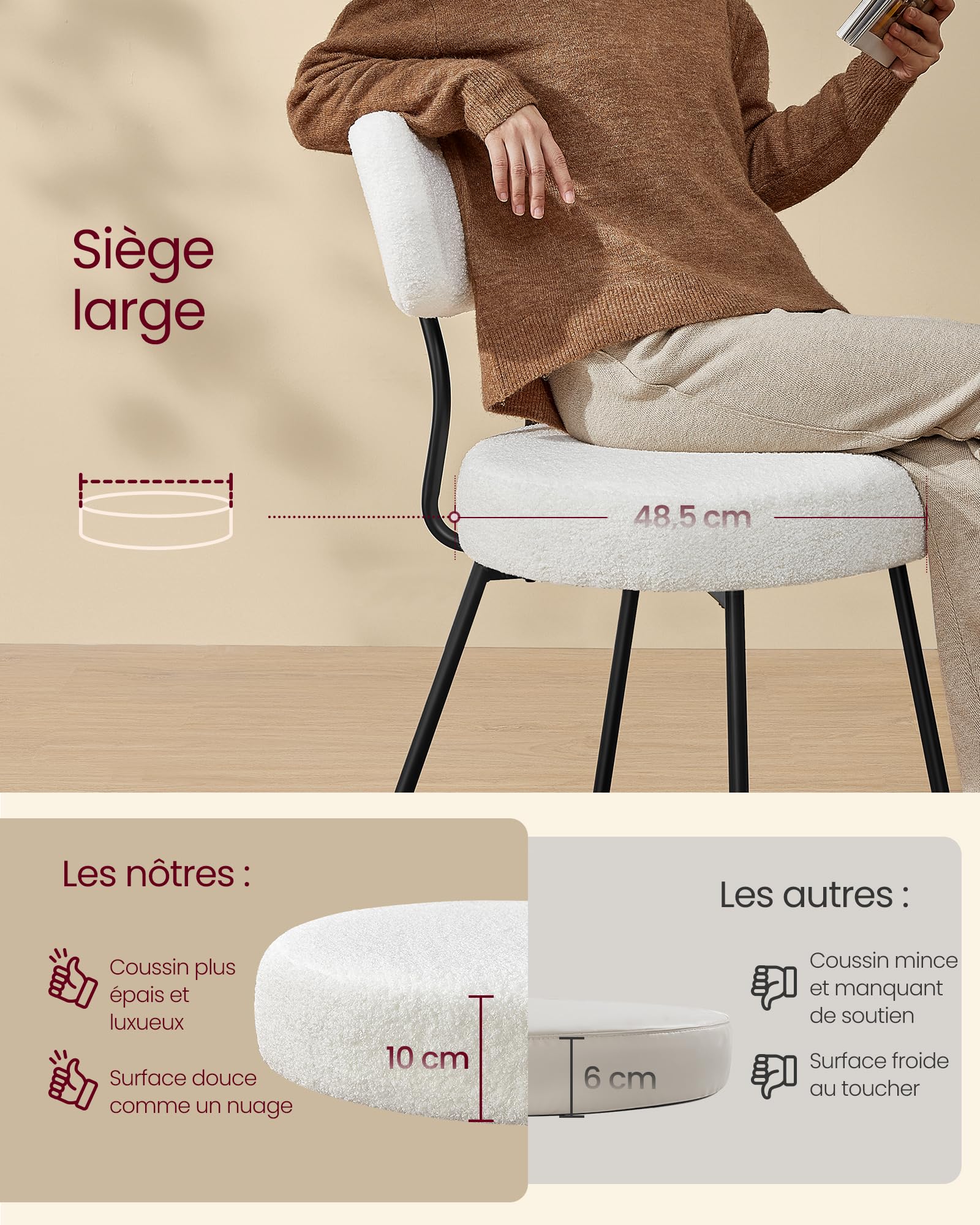 VASAGLE Chaises Salle à Manger, Lot de 6, Tissu Peluche, Dossier Courbé, Chaises de Cuisine, Rembourrées, Cader en Acier, Modernes, Salon, Coiffeuse, Blanc Crème KDC110W16
