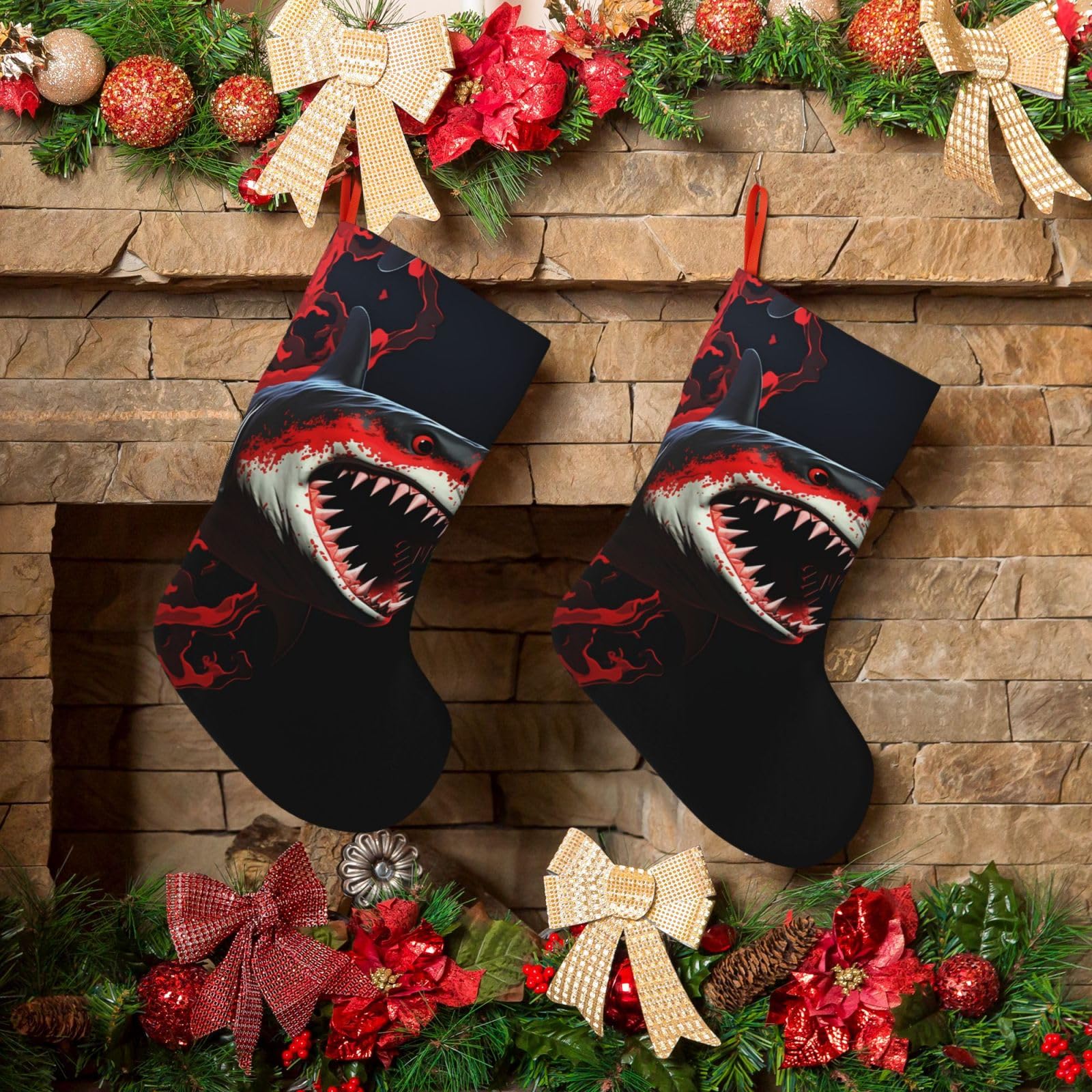 red-Black Shark Christmas Stockings 18 Inches Velvet Xmas Fireplace Hanging Stocking Rustic Christmas Santa Stockings for Home Christmas Decorations Party Favor Supplies