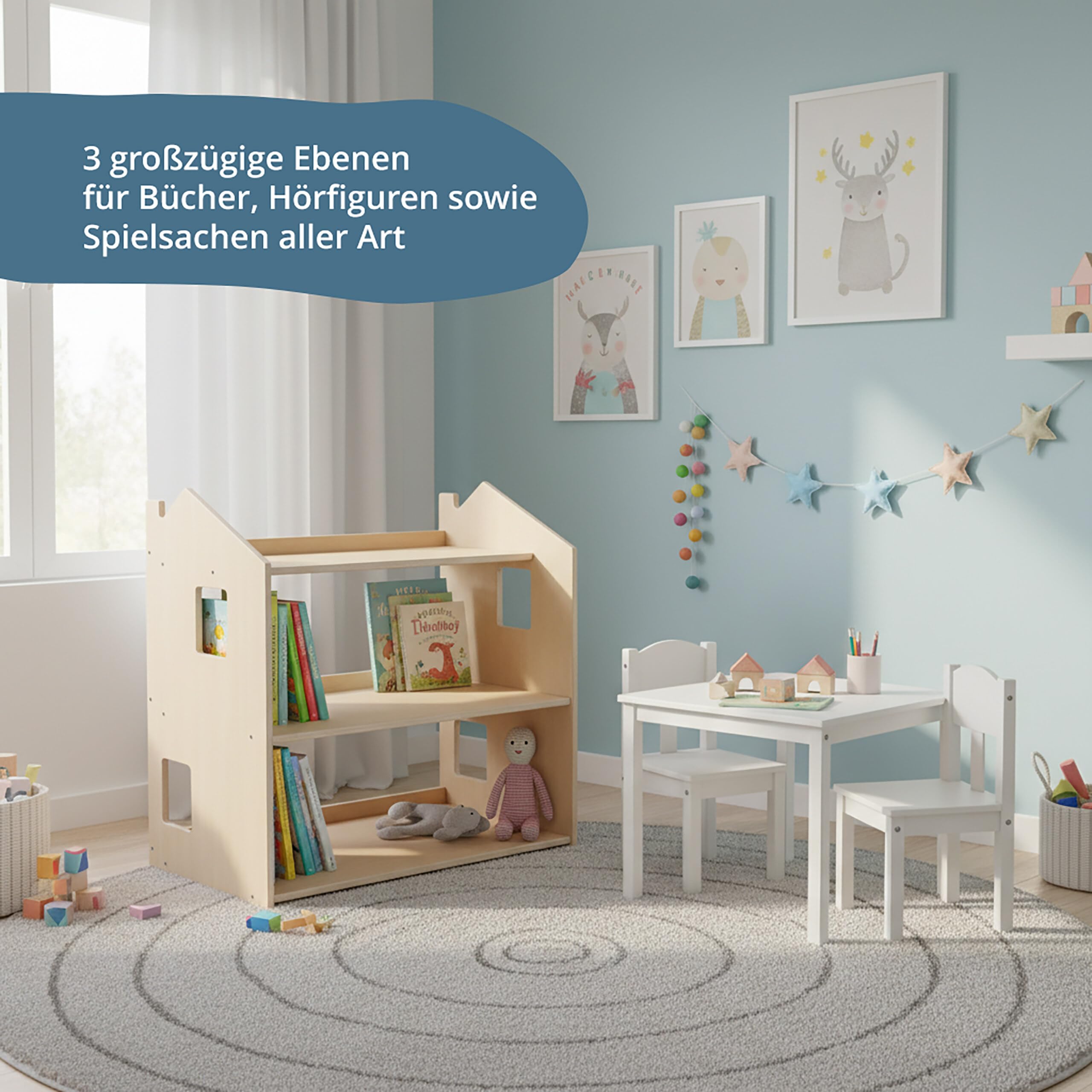 Relaxdays Kinderregal Haus, HxBxT: 59 x 61 x 39 cm, 3 Ebenen, Natur