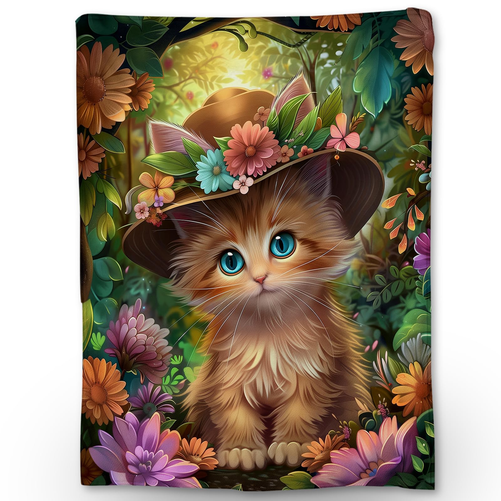 Ti Caldi Cute Cat & Floral Blanket, Soft Warm Lightweight Flannel Throw Blanket for Couch, Bed, Travel & Outdoor, Cozy Fluffy Fuzzy Blankets for Women