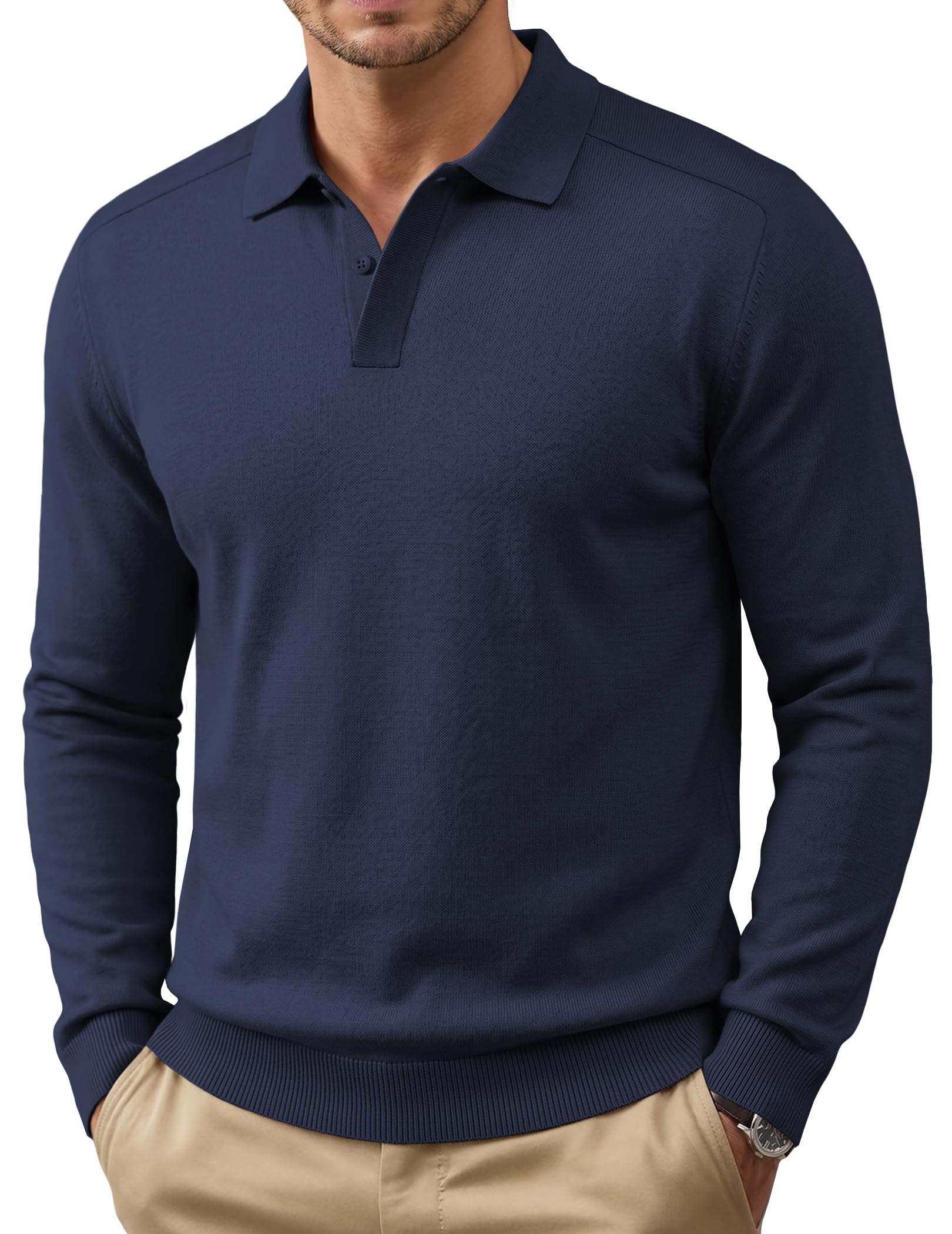 COOFANDY Mens Knit Polo Sweater Long Sleeve Polo Collared Pullover Sweaters | Hidden Button Design, Soft Breathable Knit Sweater Polo,Golf Shirts, Business Casual, Fall Lightweight Sweater