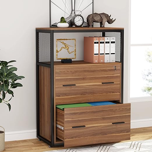 Tribesigns 2 Drawer Lateral File Cabinet with Lock, Letter/Legal / A4 Size, Large Rustic Filing Cabinet Printer Stand with Metal Wire Open Storage Shelves for Home Office (Walnut)