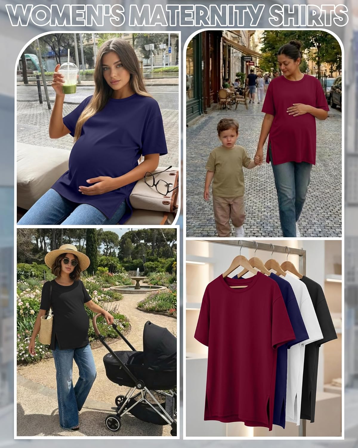 Riyiper 4 Pack Women's Maternity T Shirts, Short Sleeve Split Side Pregnancy Tee Tops Casual Loose Crewneck Maternity Clothes - Image 3