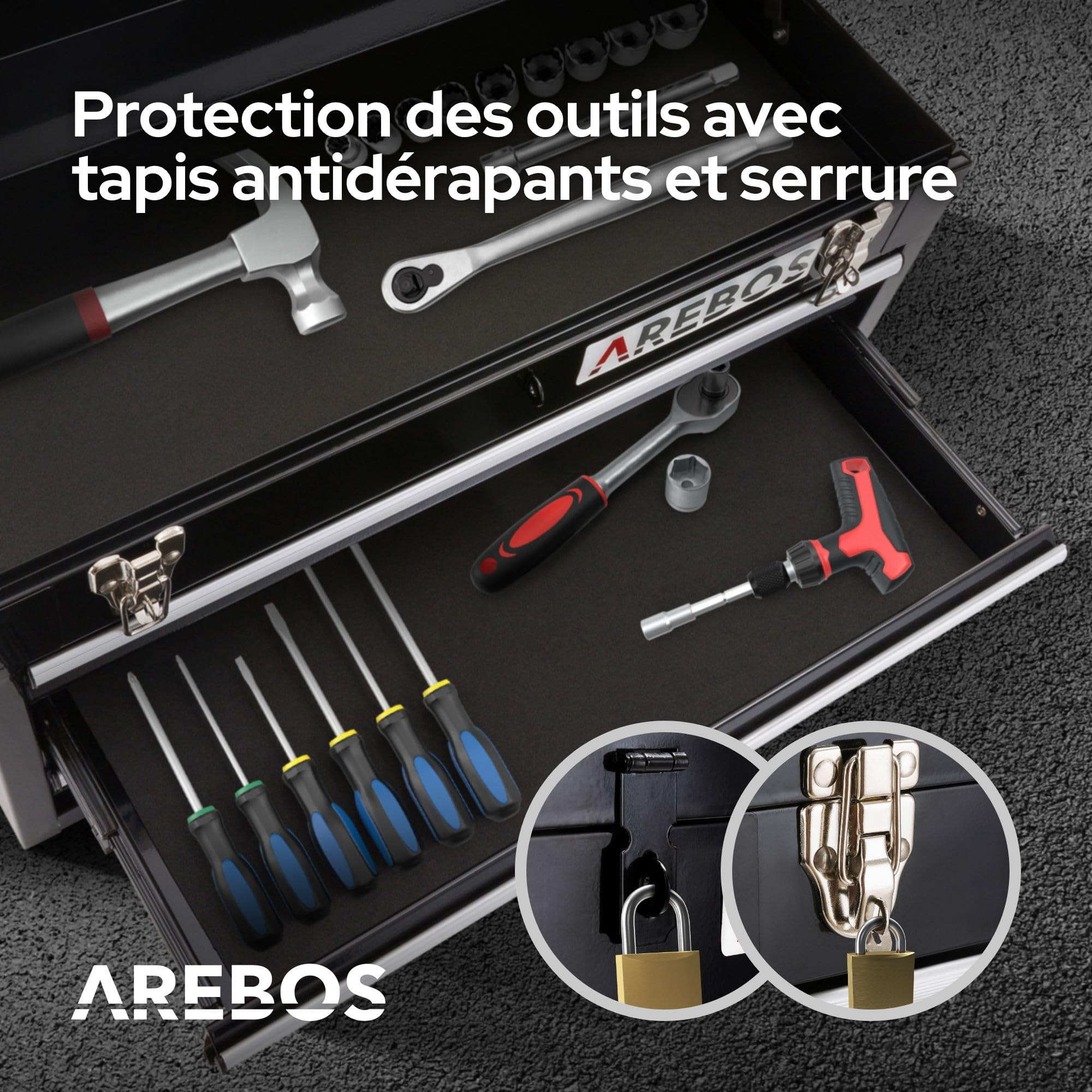Arebos Boîte à outils avec 3 tiroirs et 2 compartiments de rangement | Poignée de transport et fermetures à pression | Coffret à Outils | Tapis antidérapants | Noir