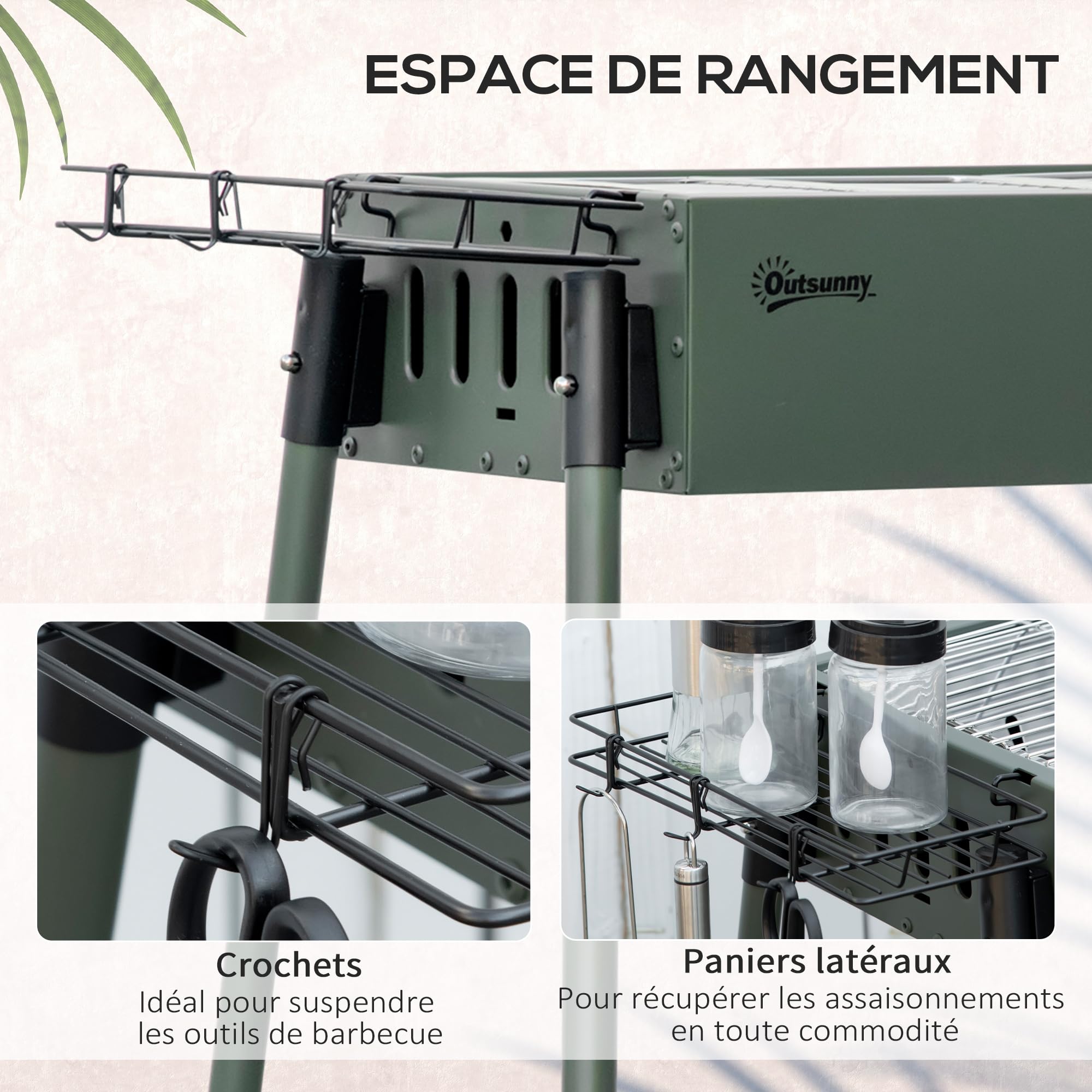 Outsunny Barbecue au charbon de bois avec 2 grilles, Portable BBQ Grill sur Pieds amovibles et 2 paniers latéraux, 94L x 39l x 70H cm, vert foncé