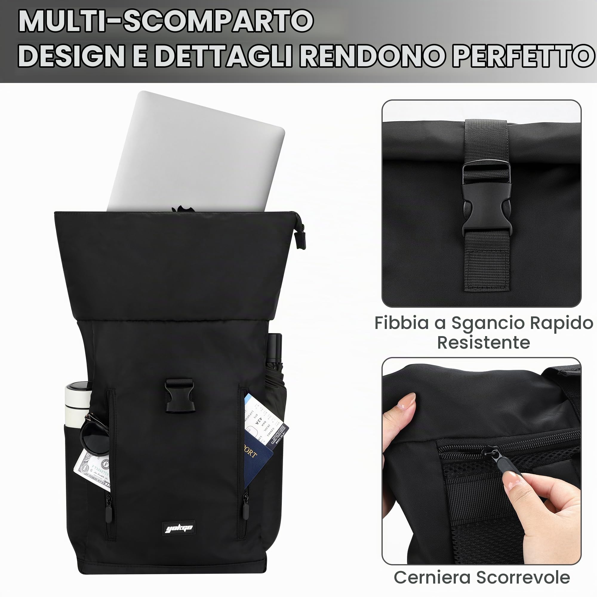 Zaino da Viaggio, Zaino Rolltop Backpack per Laptop Porta PC 15,6 Pollici, Zaino Università Zaini Antifurto Espandibile 18-25L per Donne Uomini Zainetto Daypack Casual per scuola, Lavoro Nero
