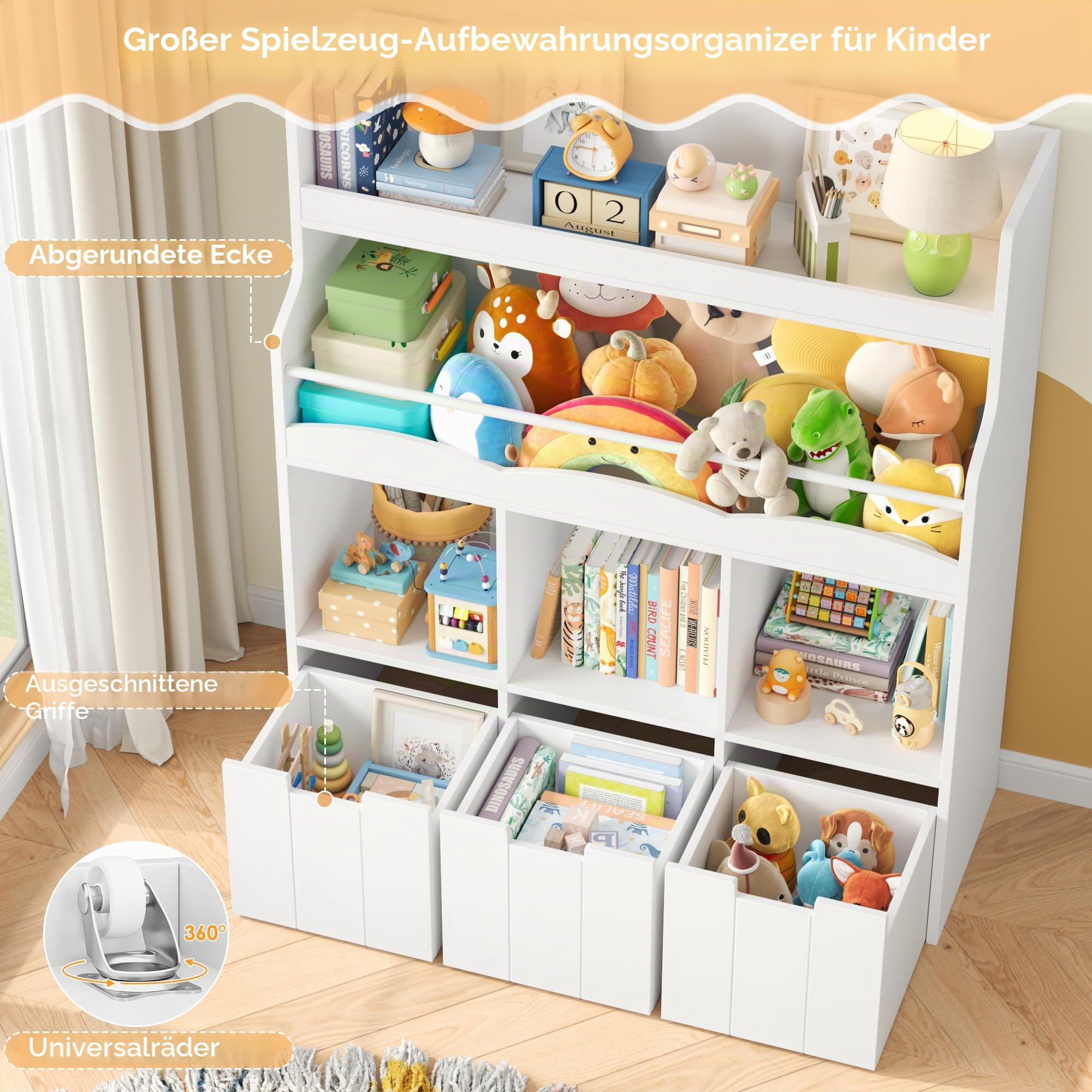 HOCSOK 110cm Kinderregal mit Boxen auf Rollen, Kinderbücherregal mit 4 Ablagefächern, Spielzeugregal Kinderzimmer für Schlafzimmer Kindergarten,Weiße