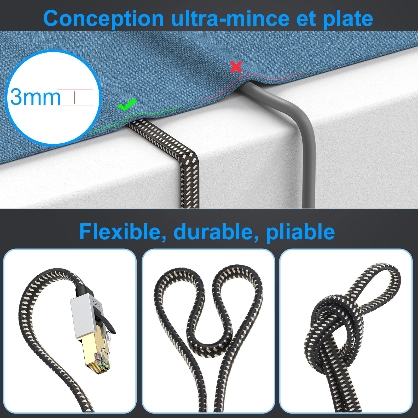 Folishine Câble Ethernet Cat8 30M, cordon de raccordement LAN tressé en nylon haute vitesse, câble plat blindé RJ45 40Gbps 2000Mhz, pour modem/routeur/commutateur, plus rapide que Cat5e/Cat6/Cat7