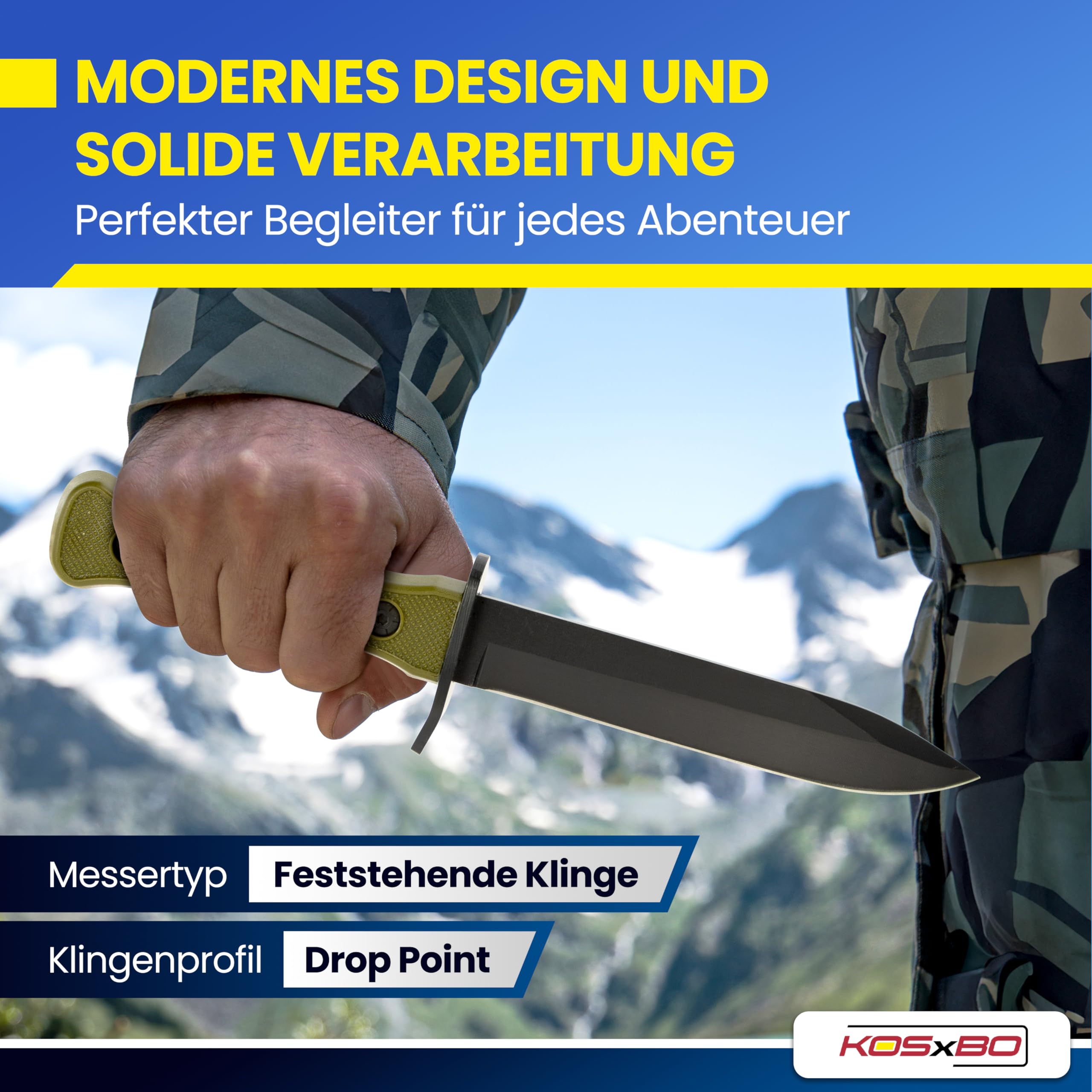 KOSxBO® BW Messer 26,5 cm - Multipurpose Militär Kampfmesser mit Schleifstein - taktisches Kampfmesser - Jagdmesser - Outdoor - Freizeitmesser grün schwarz - USA Knife