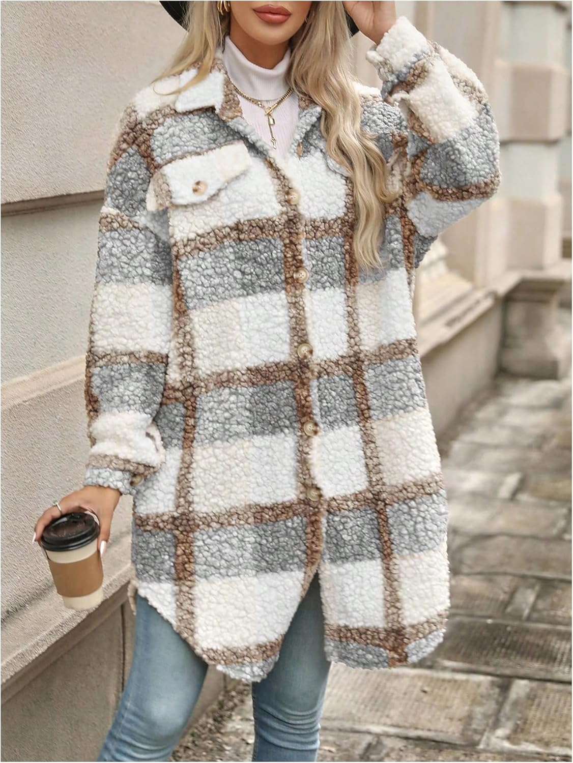 SOLY HUX Women's Fuzzy Plaid Jacket Button Down Long Sleeve Fleece Jacket Warm Outerwear Coat