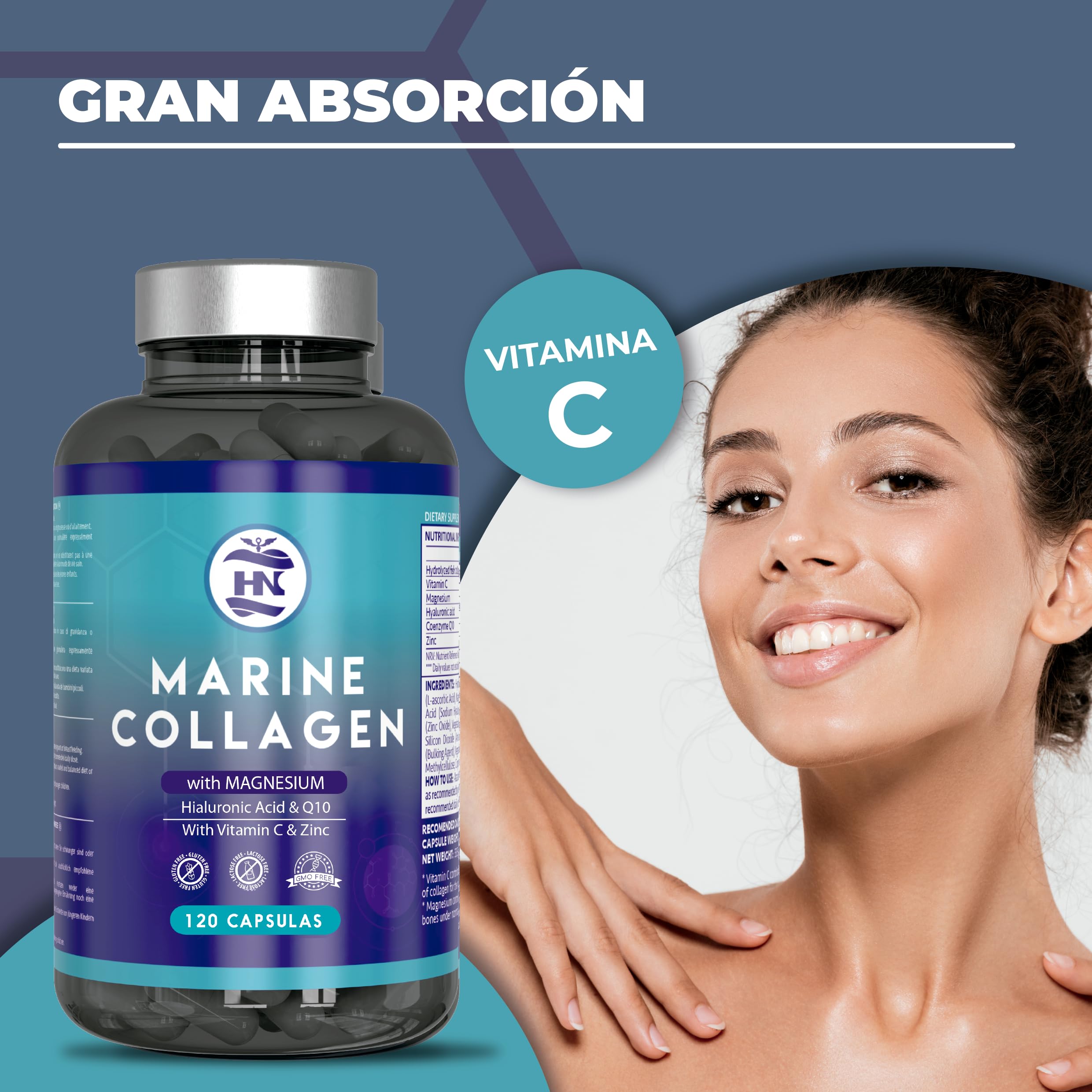 Colageno Marino Hidrolizado Puro con Acido Hialuronico, Vitamina C, Coéncima Q10 y Zinc, Marine Collagen, Colágeno Marino con Acido Hialurónico (120 Caps x 3 botes)