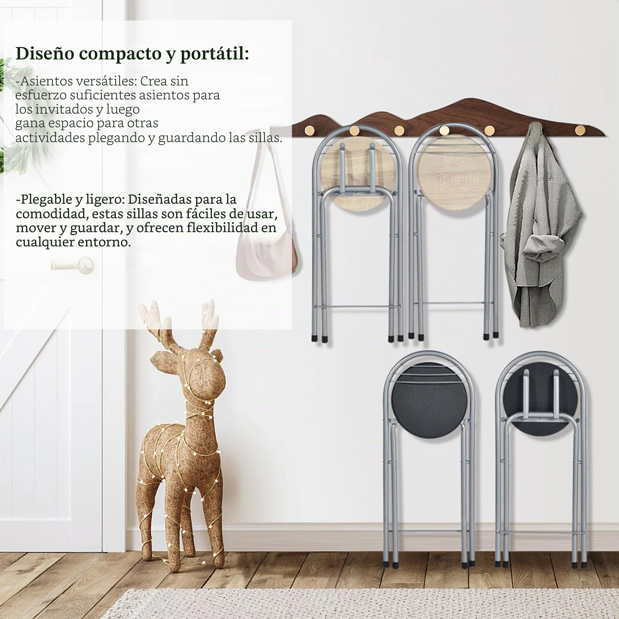 Juego de 2 Taburete Alto Plegable Bar con Respaldo, Banqueta y Silla Plegable de Madera para Interior y Exterior en Cocinas/Bares/Bistrós/Camping/Asiento Imitación Roble/Altura Asiento 61CM