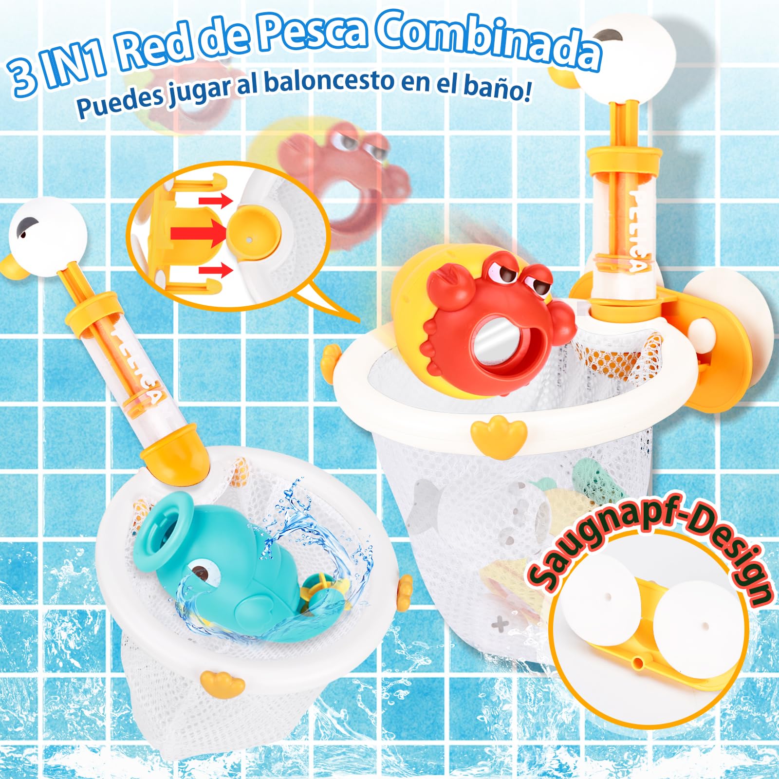 VBACALA Juguetes de Baño Bebe de 1 2 3 Años,Juguete de Bañera Juego de Pesca, Juguetes Baño con Cañas de Pescar Pistolas de Agua Red de Pesca Imán Peces Agua Juguete Niños Juguete Regalo Niña Niño