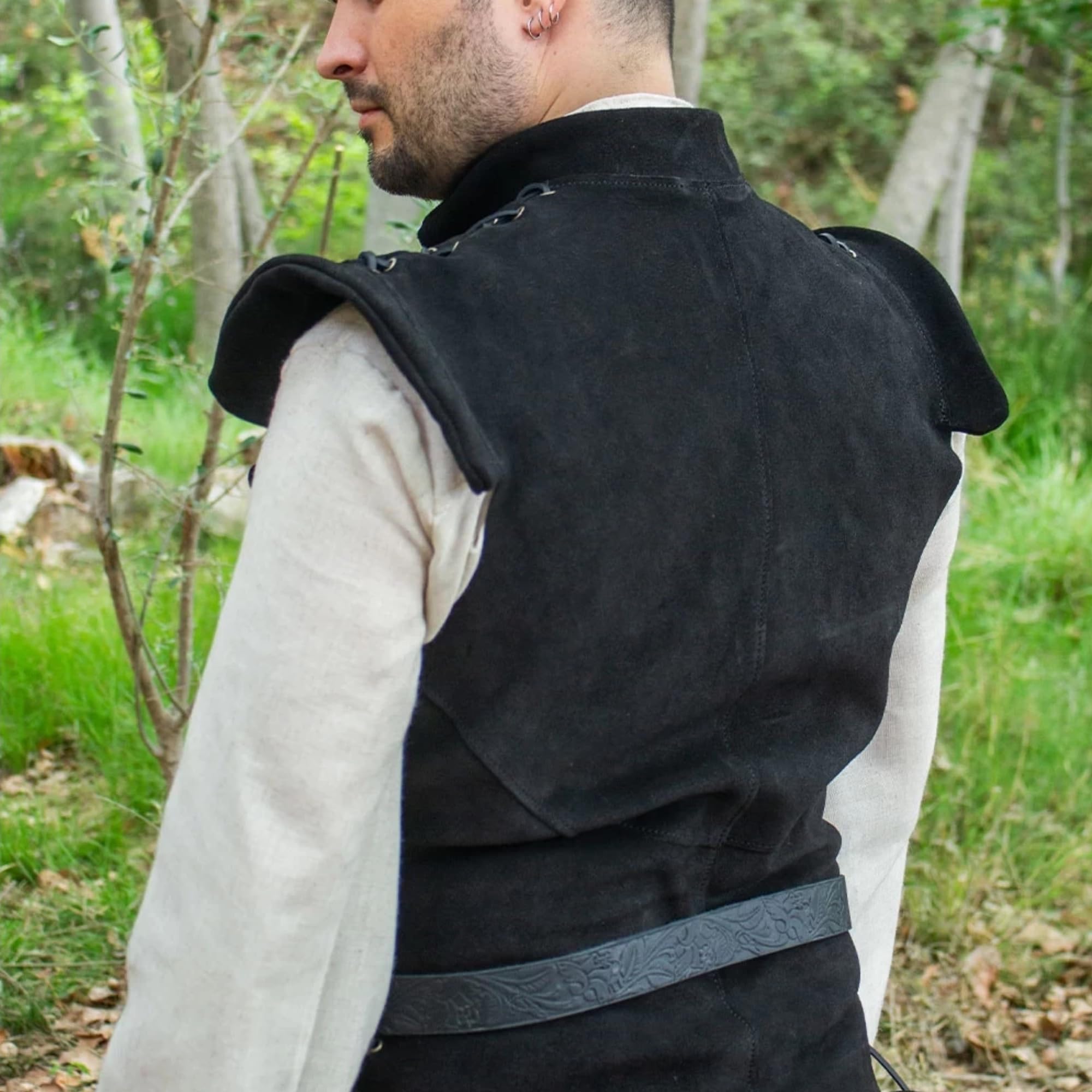 Diego Jerkin medieval de cuero dividido para hombre, túnica de cuero y chaleco de armadura, disfraz de pirata renacentista, chaleco sin mangas para feria y cosplay