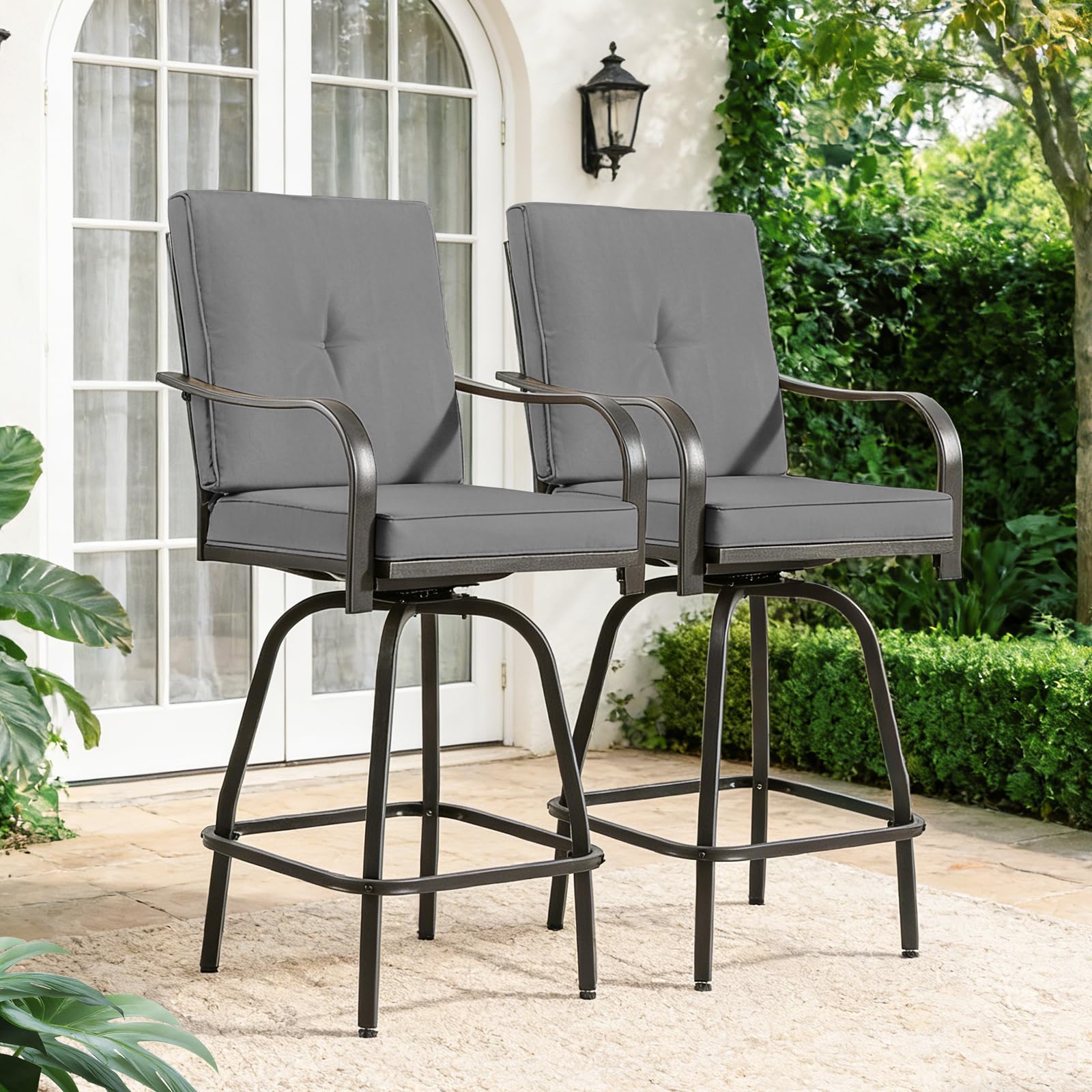GOOGIC Patio Swivel Bar Stools, Outdoor Bar Height Swivel Chairs Set of 2 with Cushion & All Weather Steel Frame for Backyard, Lawn, Poolside and