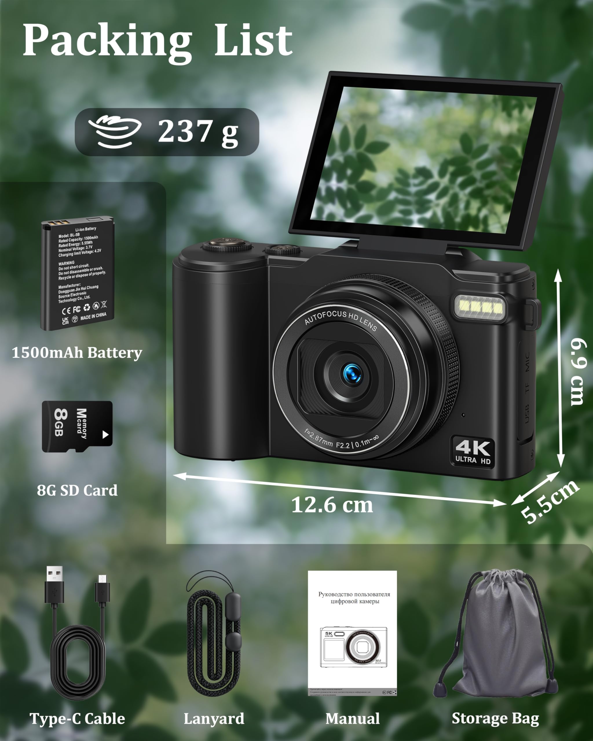 Fotocamera digitale 4K, 64 MP, fotocamera fotografica con schermo a flip da 3,0", 180°, autofocus con zoom digitale 18x, fotocamera compatta portatile con batteria da 1500 mAh, per adolescenti, adulti
