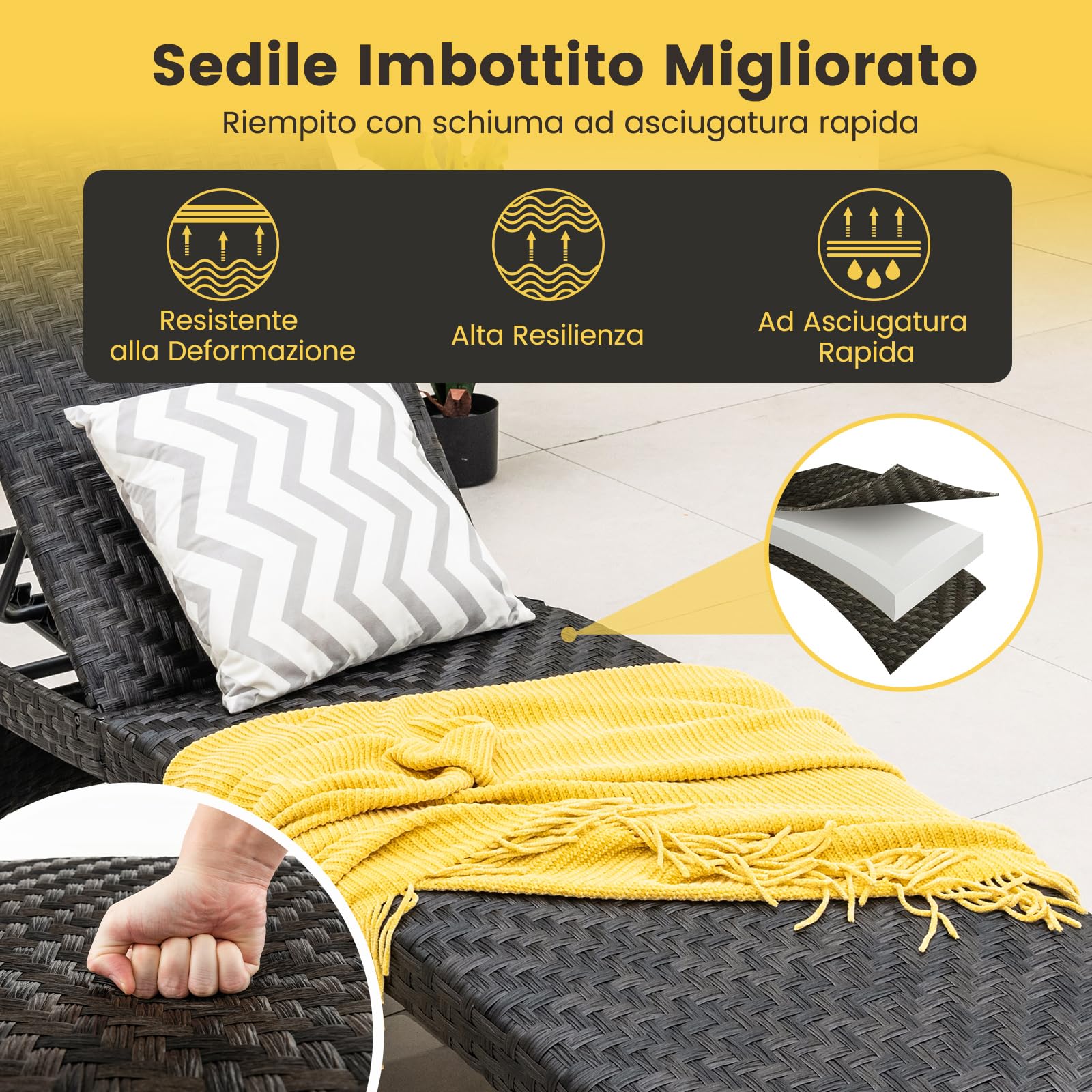 COSTWAY Lettino Prendisole in Rattan PE, Sdraio da Giardino Pieghevole con Schienale Regolabile, Schiuma ad Asciugatura Rapida e Due Ruote, Portata 150 kg, per Balcone Piscina