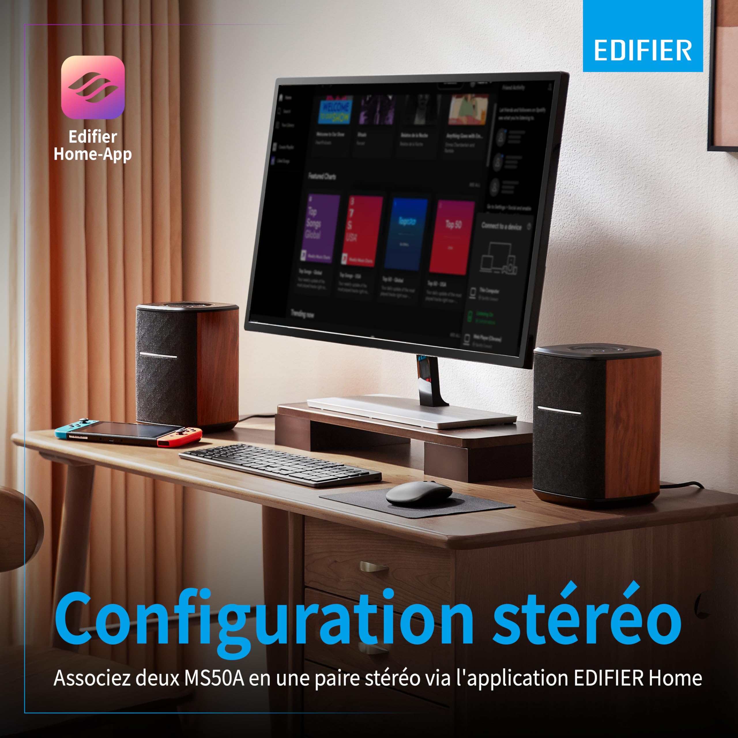 Edifier MS50A - Haut-Parleur WiFi Samrt avec Bluetooth et Fonction stéréo sans Fil Fonctionne avec Amazon Alexa, Apple AirPlay 2, Spotify, etc. Marron