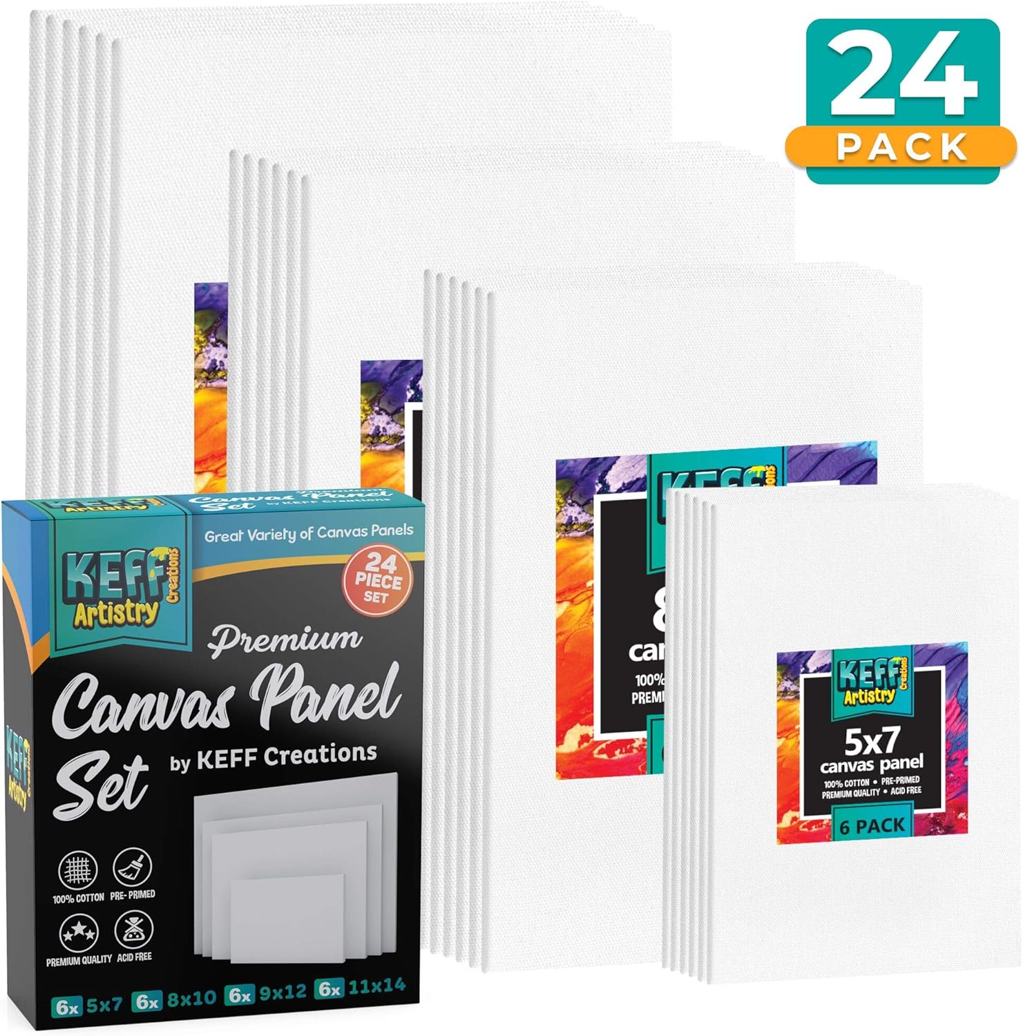 KEFF Canvases for Painting - 24 Pack Blank Canvas Panels Set Boards for Acrylic, Oil, Tempera & Watercolor Paint - 100% Cotton Art Painting Supplies for Adults & Kids