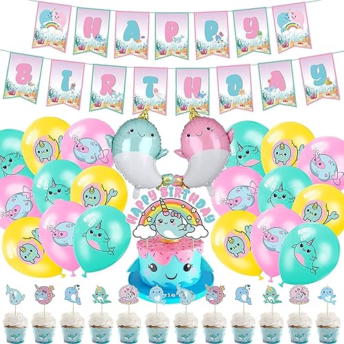 Decoración de fiesta de cumpleaños de ballena, suministros de fiesta del mundo submarino, pancarta de feliz cumpleaños, adornos de cupcakes, globos