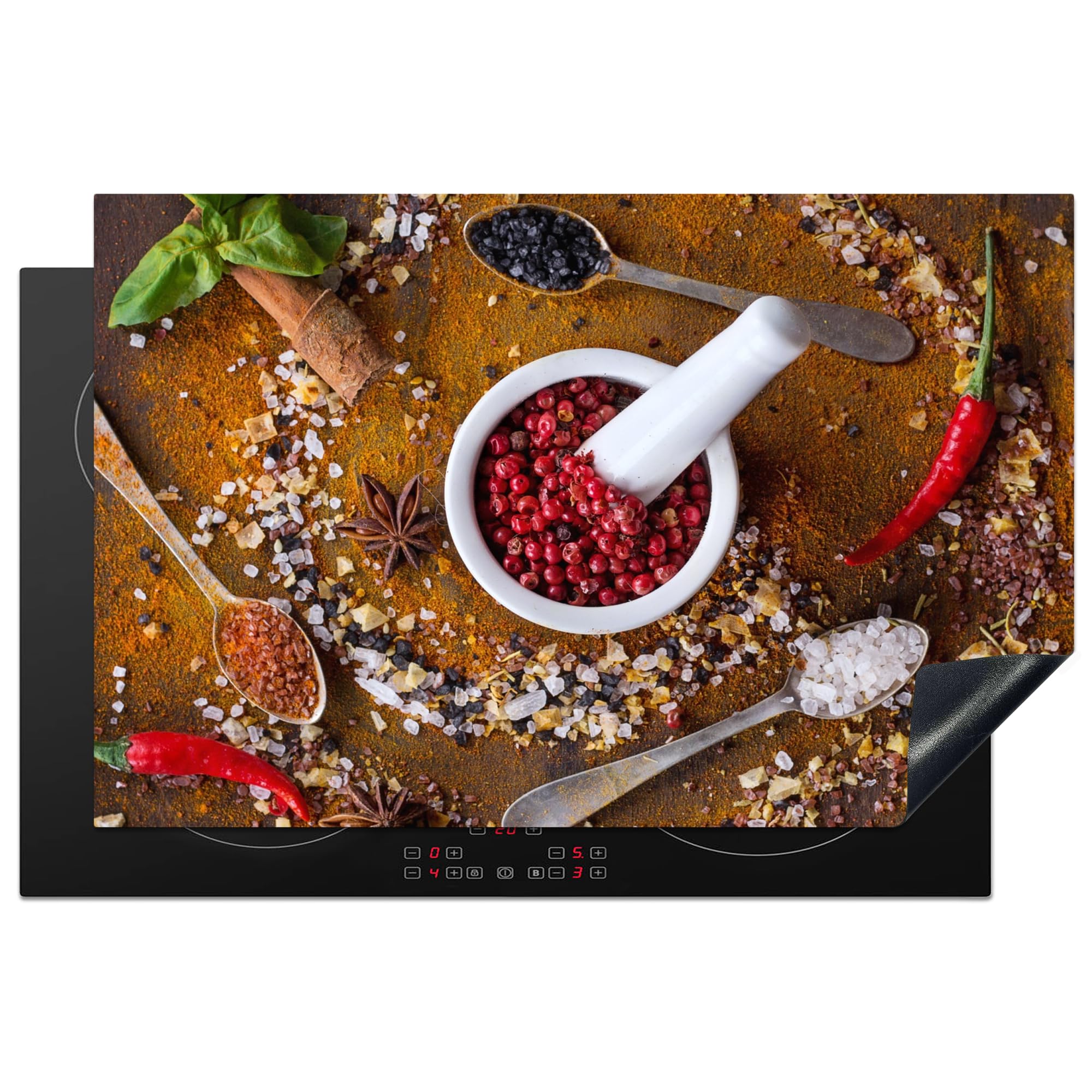 KitchenYeah© Induction Hob Protector Mat 20.5"x31.5" / 80x52 cm Cooker Top Protectors Cover Ceramic Covers Electric Hobs Vinyl Mortar - Herbs - Spoons - Spices - Brown - Pepper