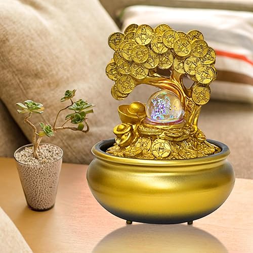 Miniatura 3 de Árbol de dinero dorado Feng Shui fuente de agua de escritorio decoración de cascada con luz LED, portátil, mesa decorativa, meditación zen, cascada
