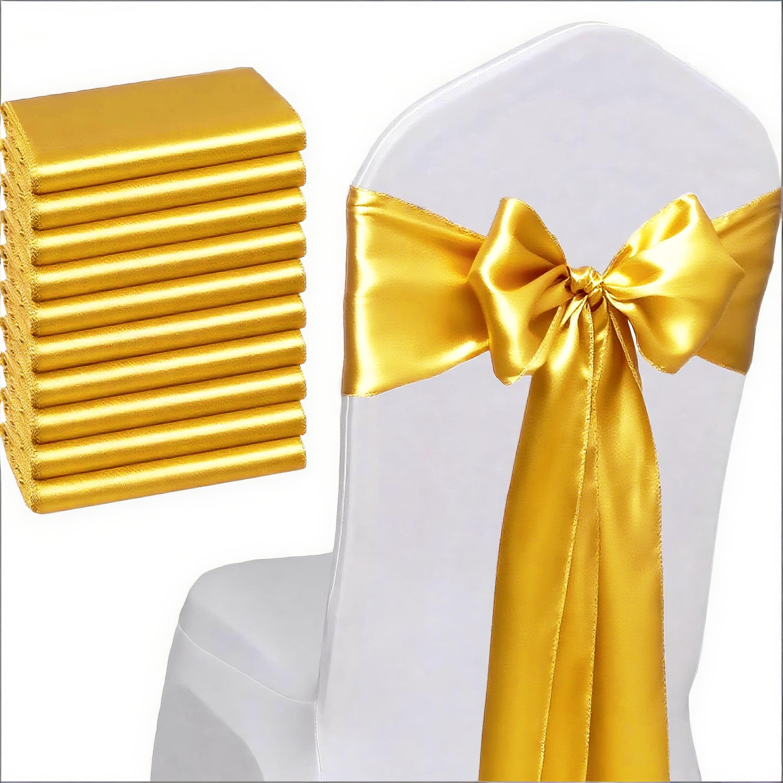 Photo 1 of WENSINL Pack of 50 Wedding Satin Chair Sashes Gold Bows 7x108inch Ribbon Fabric Bands for Banquet Party Hotel Restaurant Ceremony Event Chairs Knots Ties Decorations - Gold, 50PCS