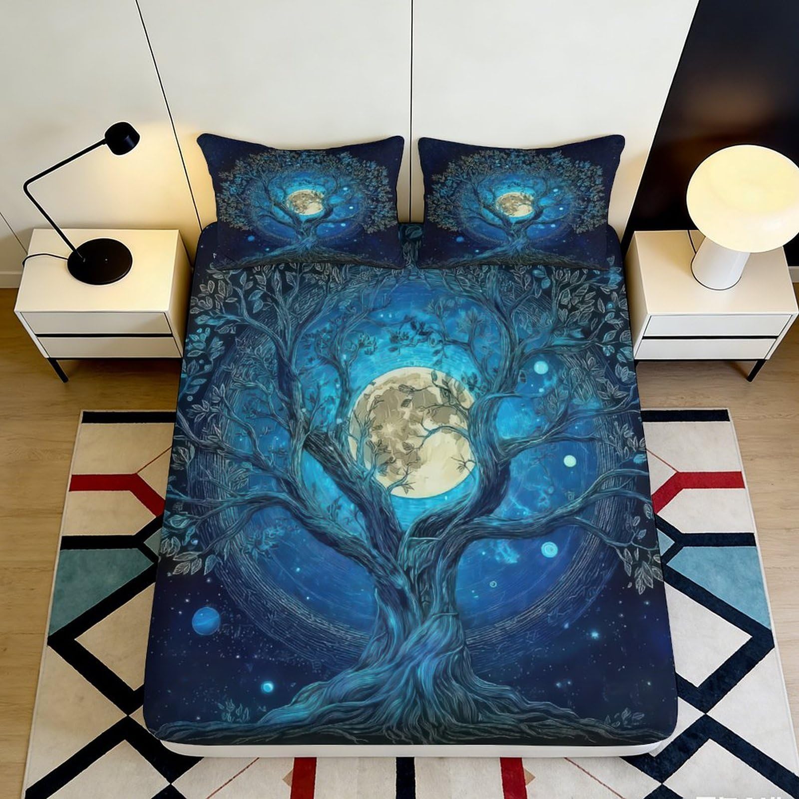 3D Printed Moonlit Tree Fitted Sheet Microfiber Bedroom Decor Starry Night Mattress Cover for Home Dorm 90x200x25cm