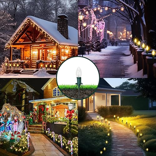 Miniatura 7 de Gisafai Estacas de luz de metal de Navidad de 15 pulgadas, 12 estacas universales de luz verde al aire libre para enchufes de luz C9 o C7, estacas