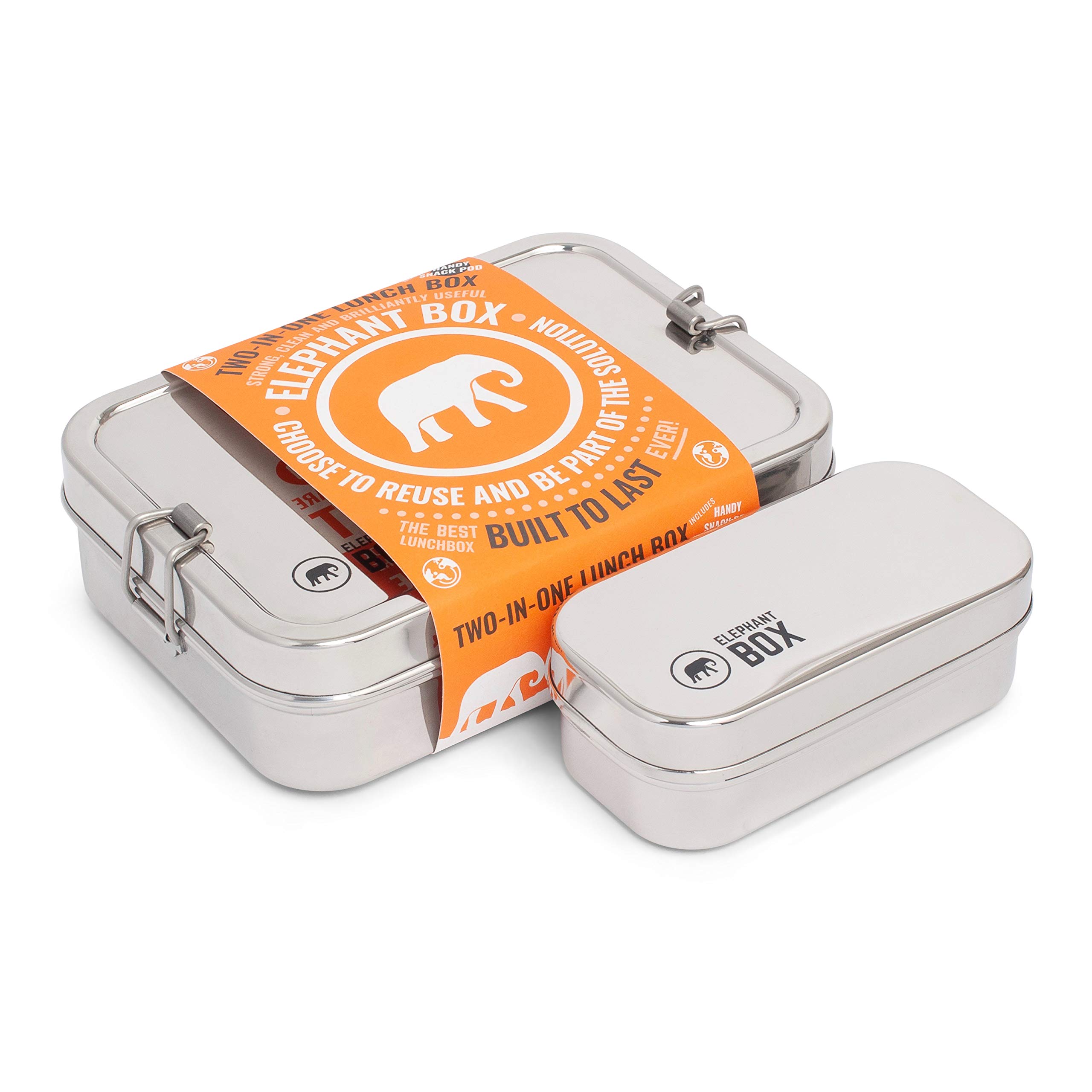 Elephant BoxTwo-in-One Stainless Steel Lunchbox | 800ml with Snack Pod Included | Roll Clips, BPA-Free & Eco-Friendly Food Container