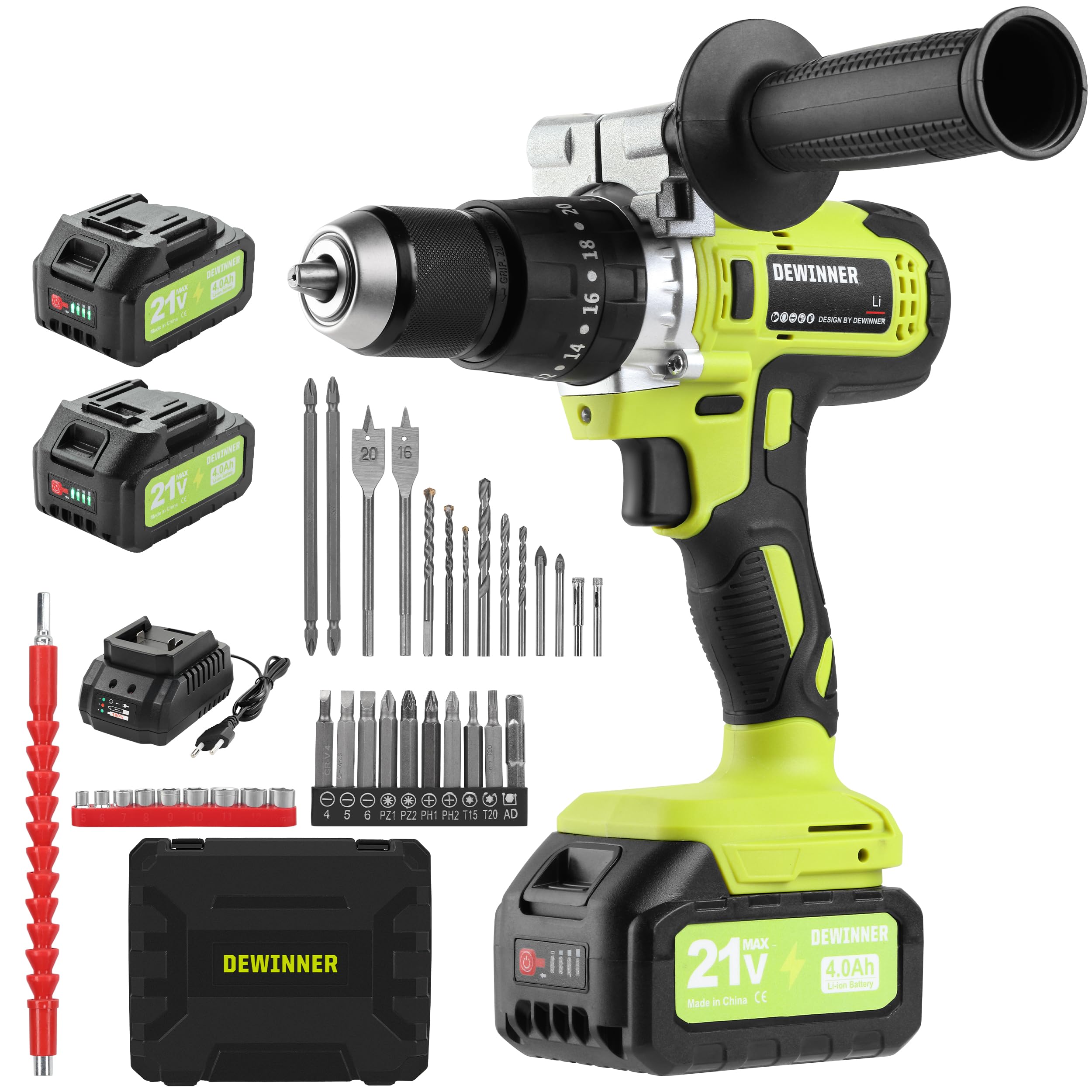 DEWINNER Taladro Percutor Bateria 90Nm,21V Sin Escobillas Taladro Atornillador Inalámbrico con 2 Baterías 4.0Ah,20+3 Configuraciones de Par,13mm Portabrocas,2 Velocidad,39 Accesorios y Maletín