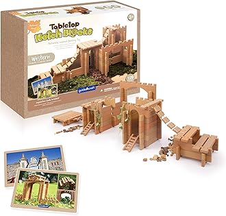 Guidecraft Tabletop Notch Blocks - Western 129 pc. Set with 10 Double-Sided Activity Card: Montessori Building Blocks Set with Ladders and Bridge Pieces, Kids Natural Play Toy