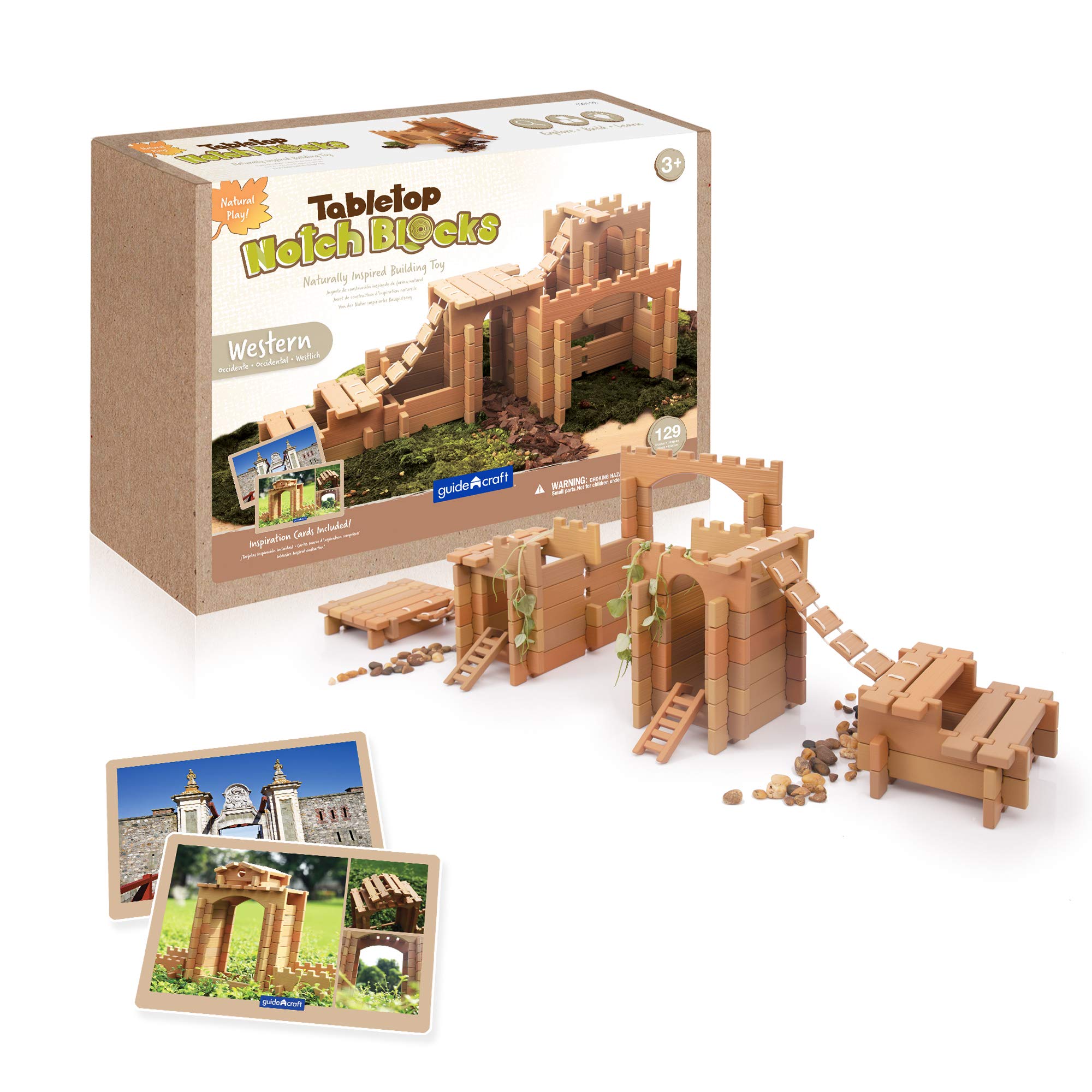 Guidecraft Tabletop Notch Blocks - Western 129 pc. Set with 10 Double-Sided Activity Card: Montessori Building Blocks Set with Ladders and Bridge Pieces, Kids Natural Play Toy